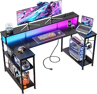 AODK ゲーミングデスク ゲームデスク パソコンデスク U字型 幅120cm 両側ラック&コンセント付き 机 pcデスク gaming desk ゲーミングテーブル LED&モニター台付き 左右入れ替え対応 おしゃれ カーボン調ブラック