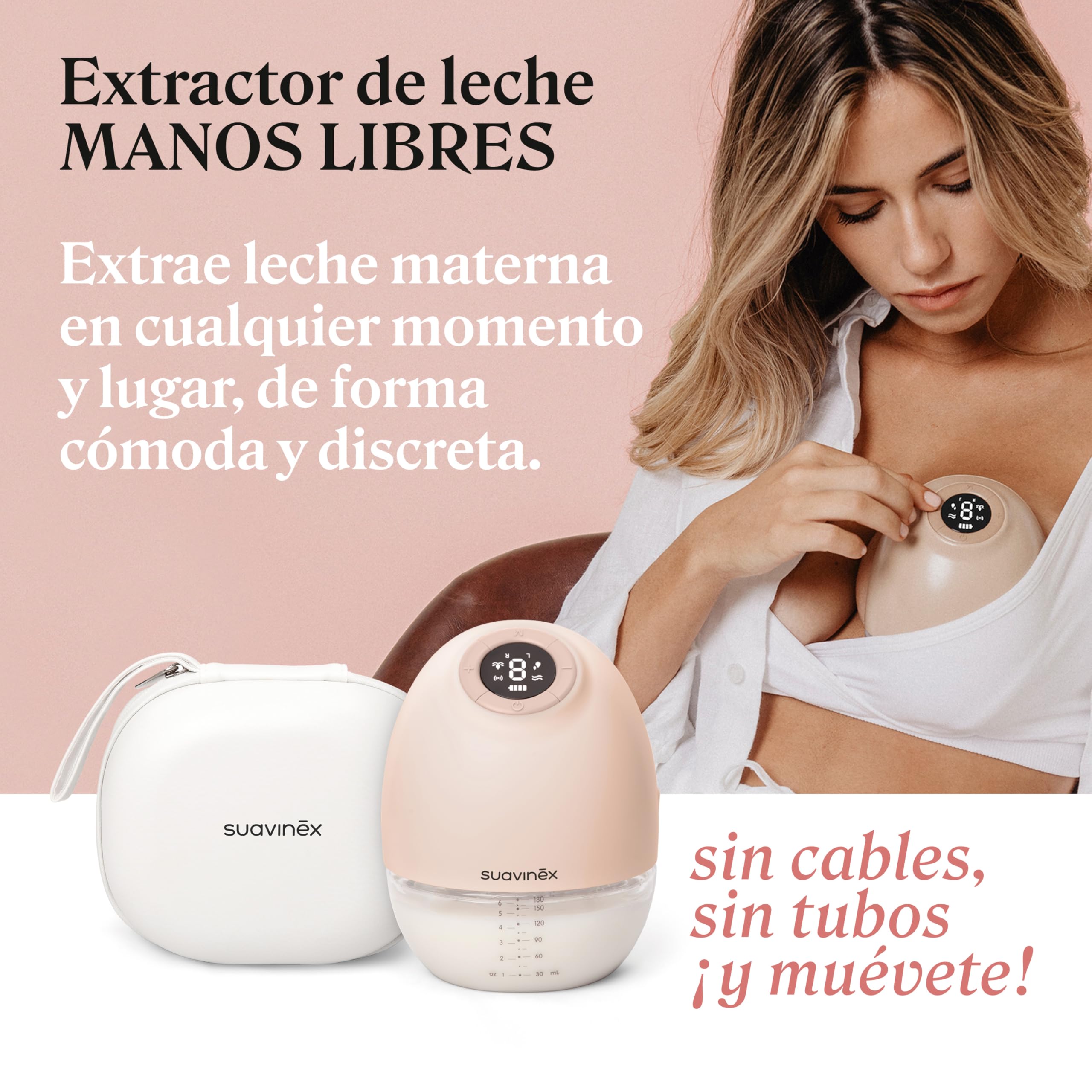 Suavinex, Extractor Leche Materna, Sacaleches Manos Libres, Sin Cables, Sin Tubos, con Batería, 3 Modos y 9 Intensidades de Succión, con Adaptadores, Estuche y Cepillo, Pantalla Led, Depósito 180 ml