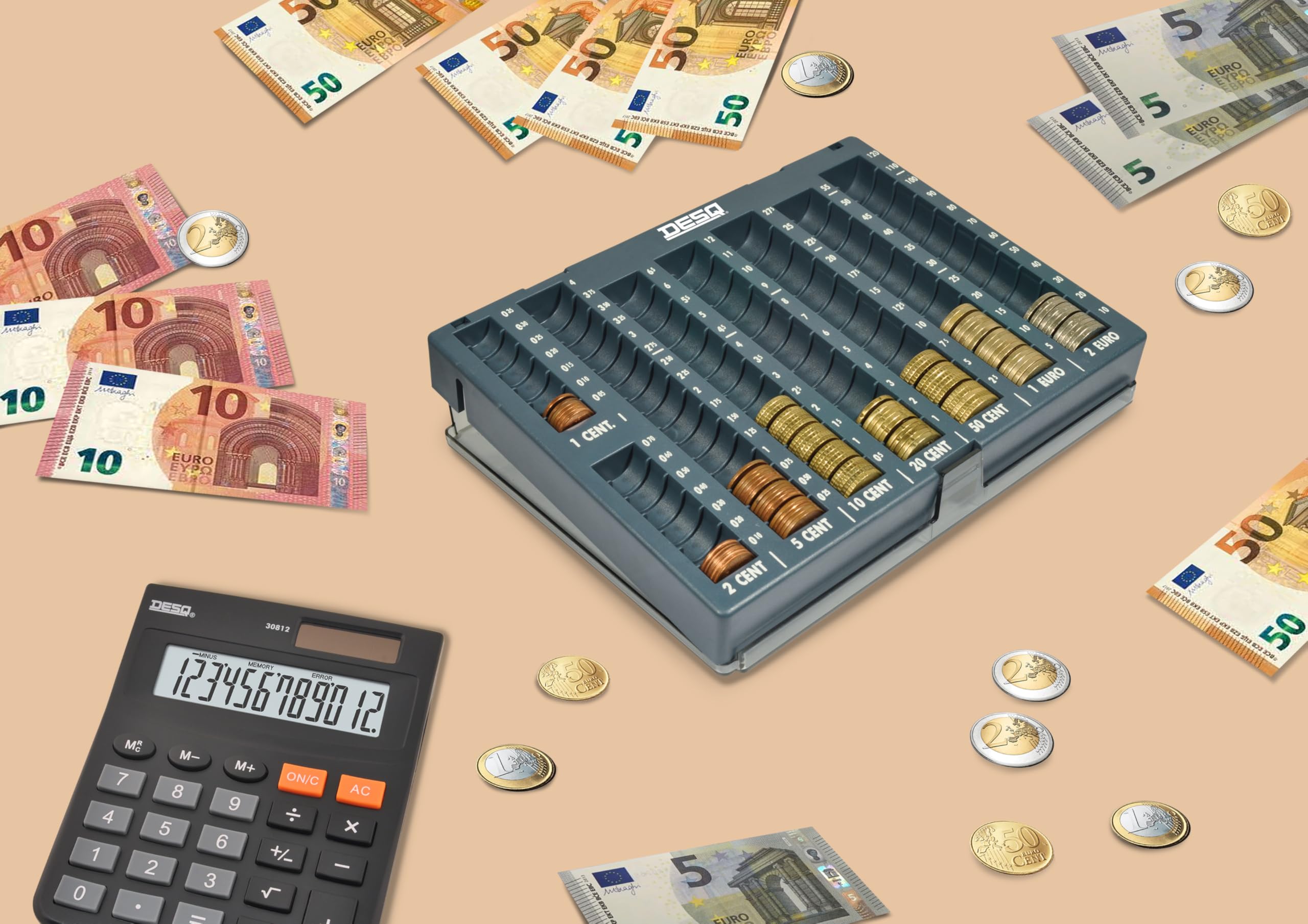 DESQ® Unité de tri de monnaie avec couvercle, adaptée pour les pièces en centimes et en euros, 8 compartiments, capacité de pièces de 226,05 €