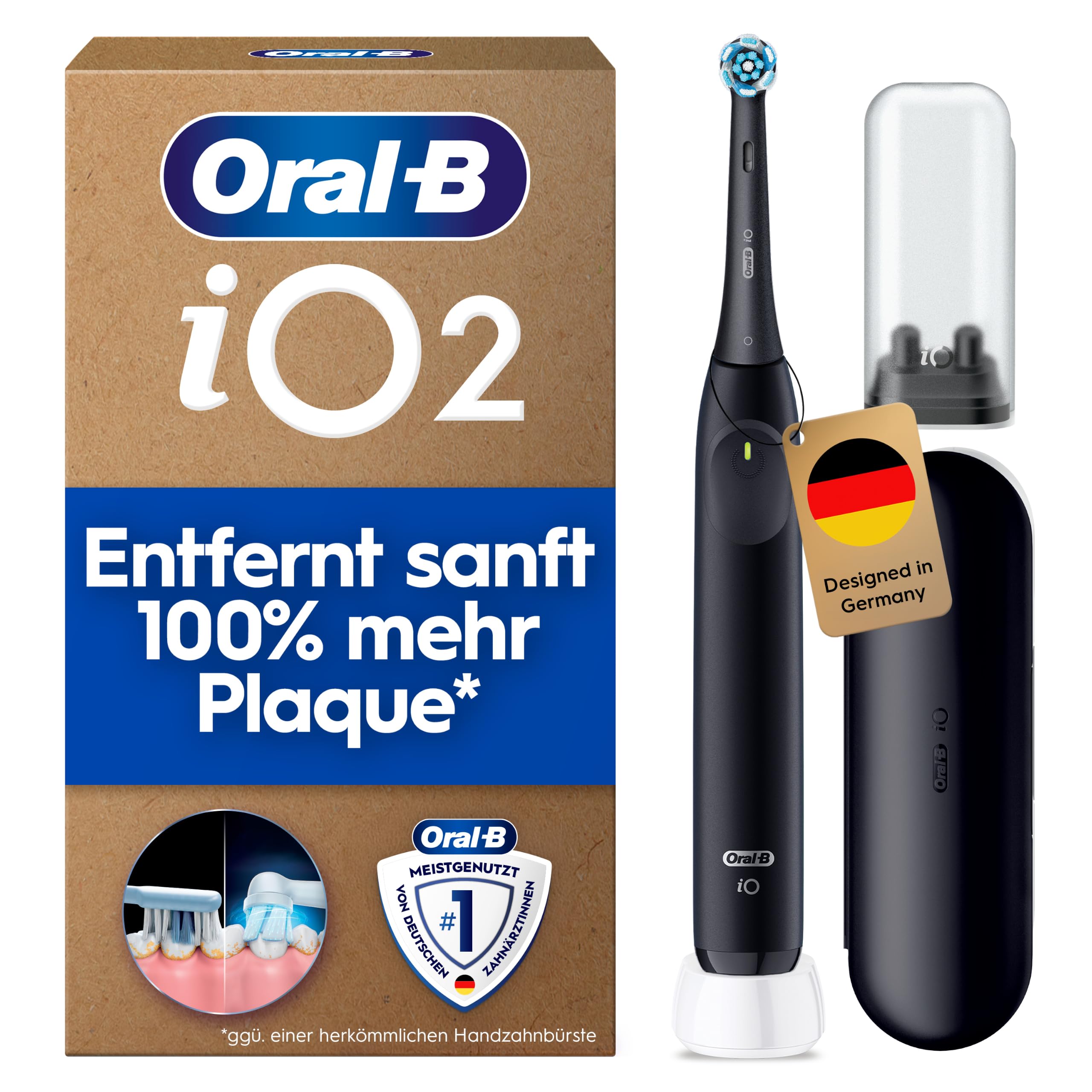 Oral-B iO Series 2 Elektrische Zahnbürste/Electric Toothbrush, 1 Aufsteckbürste, 3 Putzmodi für Zahnpflege, Magnet-Technologie, Reise-Etui, Reise-Aufsteckbürsten-Etui, Designed by Braun, Night Black