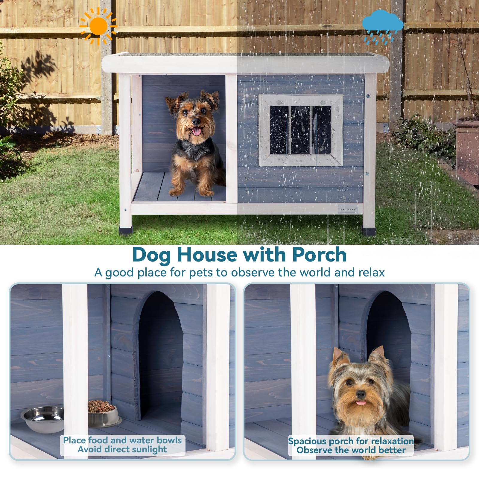 Petsfit Domek dla psów drewniany ze stalowym oknem, buda na zewnątrz z dachem asfaltowym
