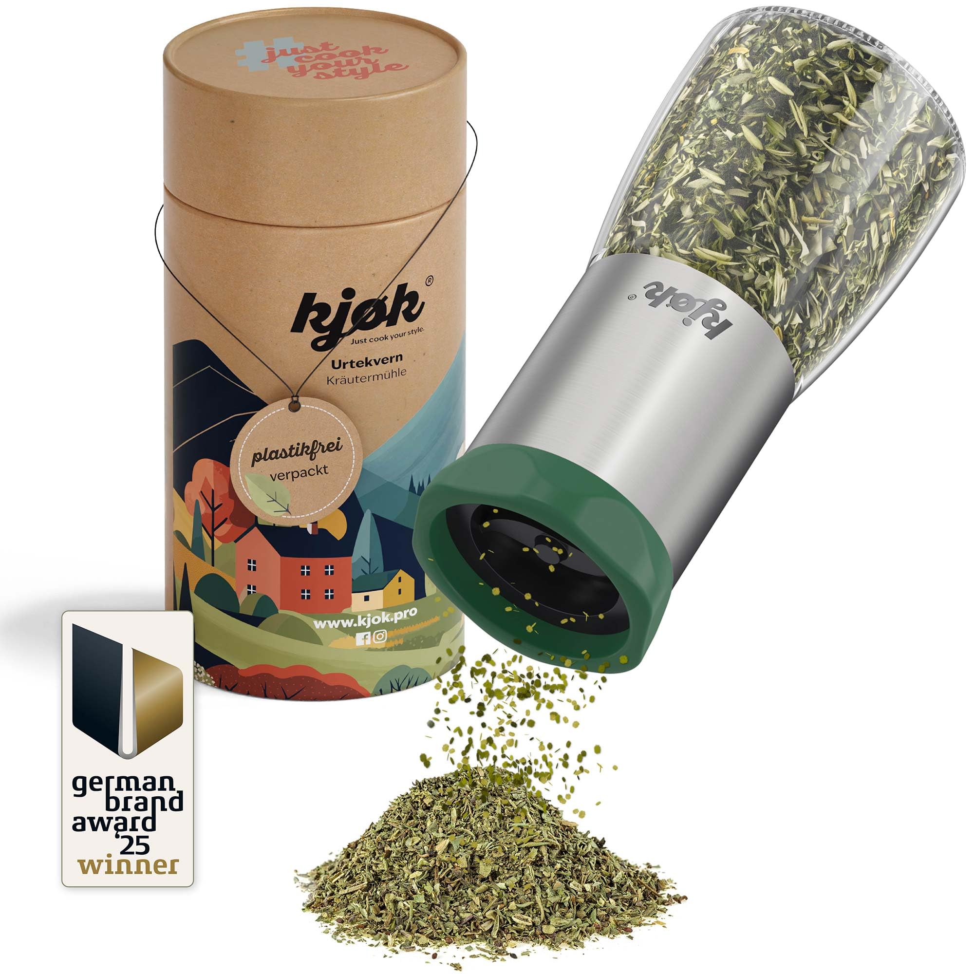 kjøk Premium Gewürzmühle aus Edelstahl & Glas Manuelle Chilimühle Kräutermühle mit Stahl Schneidwerk Gewürzschneider mit Glasbehälter für Fenchel Anis Kümmel Koriander Chili Senfkörner & Kräuter