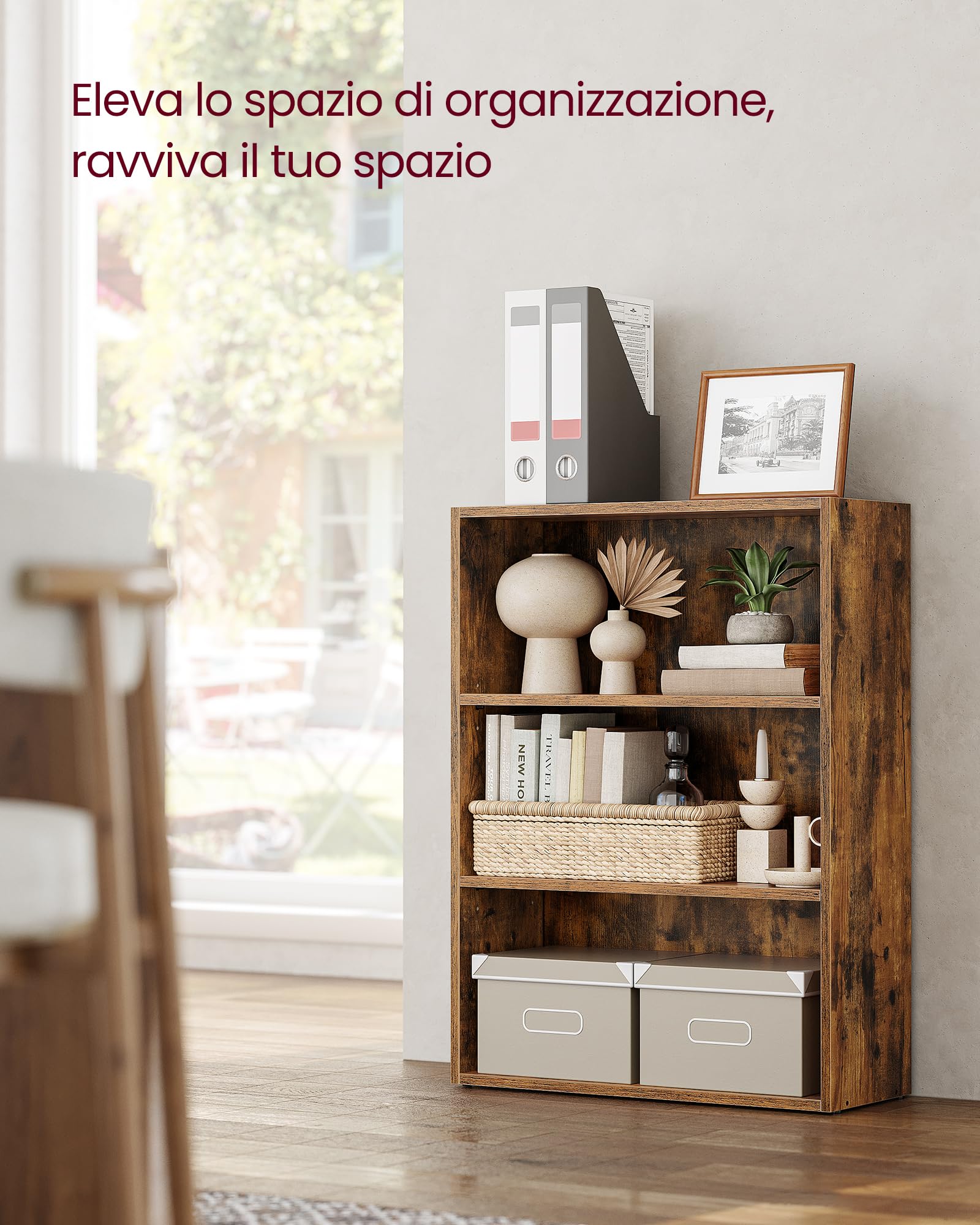 VASAGLE Scaffale a 3 Ripiani, Libreria, Scaffalatura Portaoggetti, Organizzatore con Scomparti, Ripiani Aperti e Regolabili, per Soggiorno, Ufficio, Camera da Letto, Marrone Vintage LBC163X01