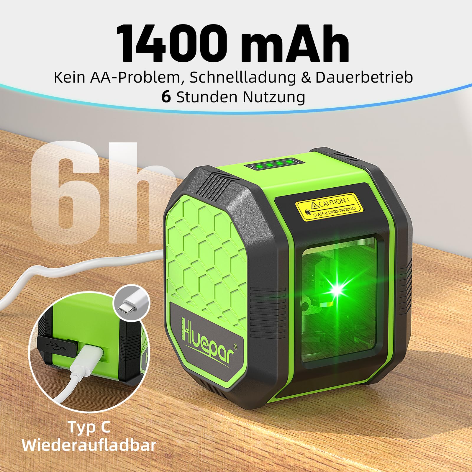 Huepar Nivel láser de línea cruzada de haz verde, herramienta de nivelación láser vertical y horizontal autonivelante con batería de litio para colgar cuadros y pintar en la pared Indoor Projects