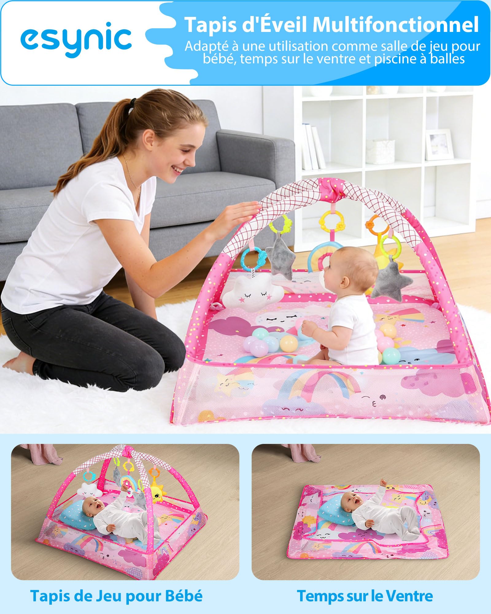 eSynic Tapis d'Éveil Bébé 77x77cm avec Arche Jouet Amovible Âgés 0-18 Mois | Clôture en Maille Respirante, Jouets Suspendus, Balles Océanique, Lavable Facile, Montage Rapide, Développement des Sens Bébé