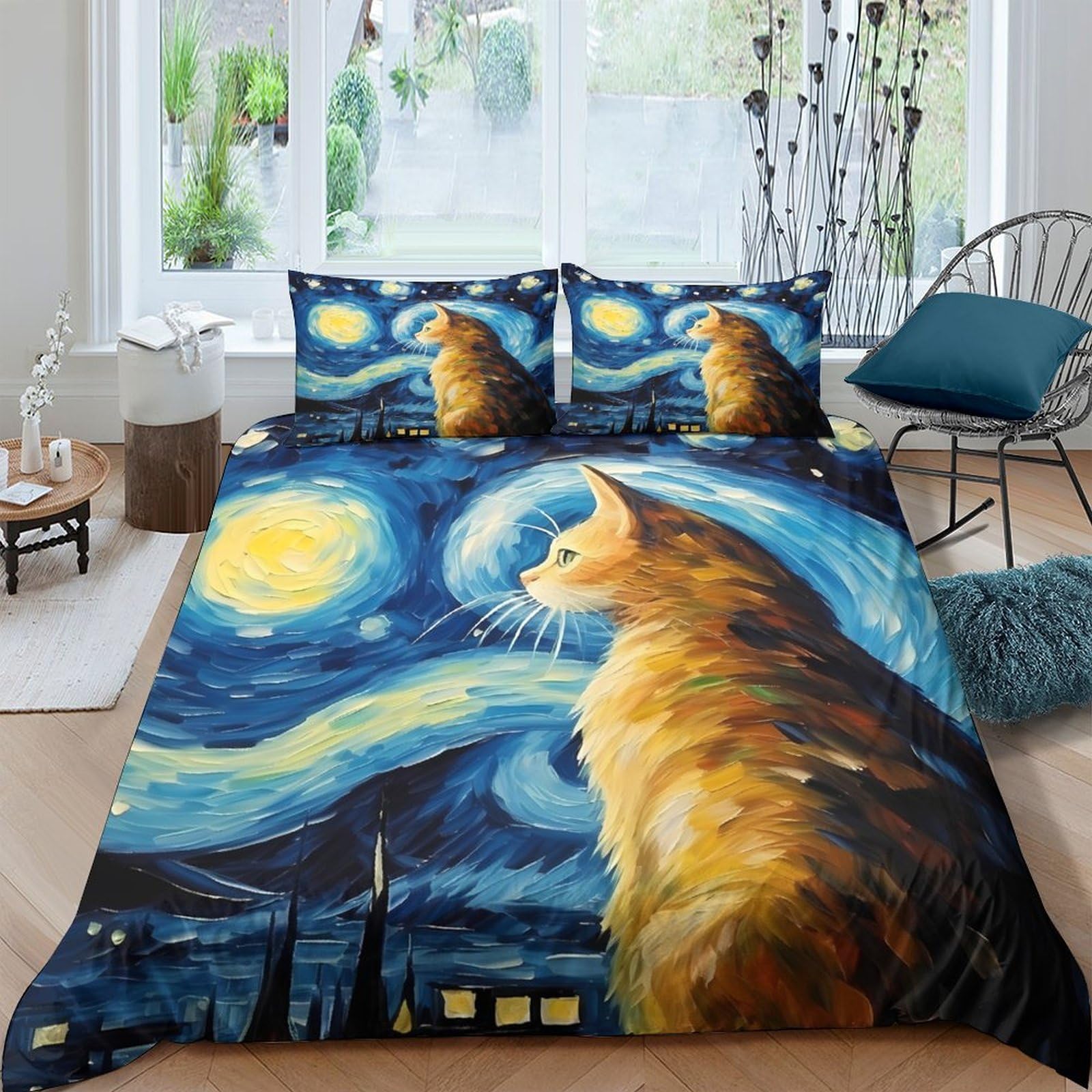 Ctjqhvkz Style-9 3D Printed Starry Night Cat Fitted Sheet Microfiber Artistic Bed Cover Blue Bedroom Decor Mattress Protection Single（135X200cm）