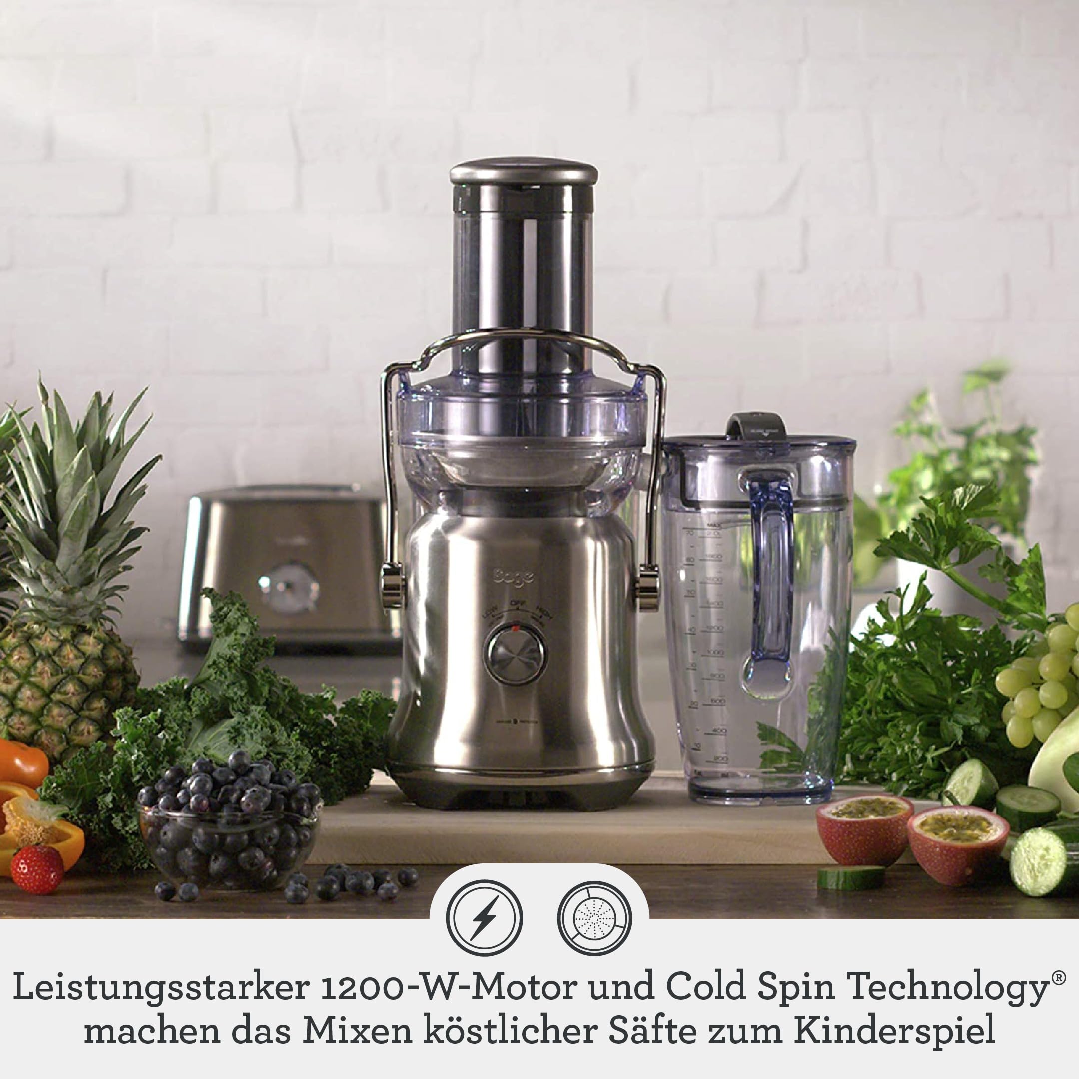Sage - The Nutri Juicer Cold Plus - Entsafter Gemüse und Obst - 2 Liter Krug, 2 Geschwindigkeitseinstellungen, 88-mm-Einfüllschacht - Obstpresse, Schnell, direkt ins Glas - Gebürsteter Edelstahl
