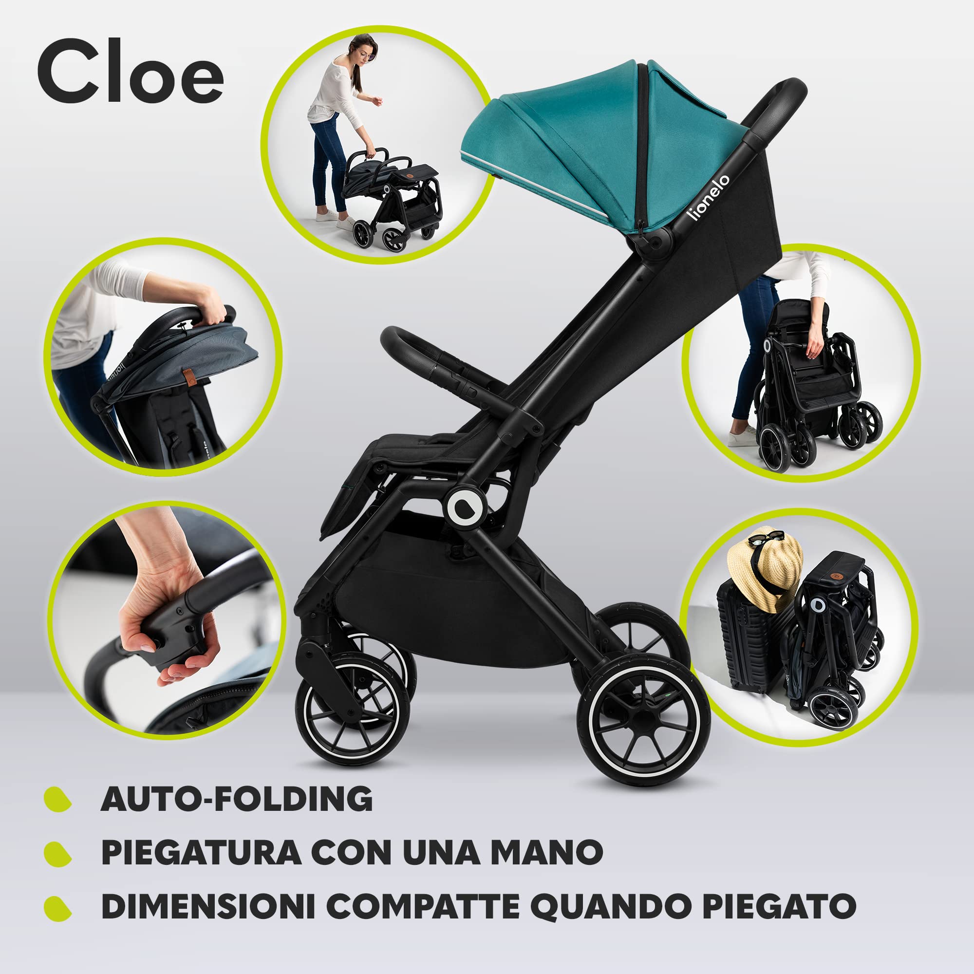 LIONELO Cloe Passeggino Leggero e Pieghevole per bambini da 6 a 48 Mesi | Passegino Compatto fino a 22 kg, Schienale Reclinabile, Posizione Distesa, Cinture a 5 Punti, Ruote XXL, Zanzariera