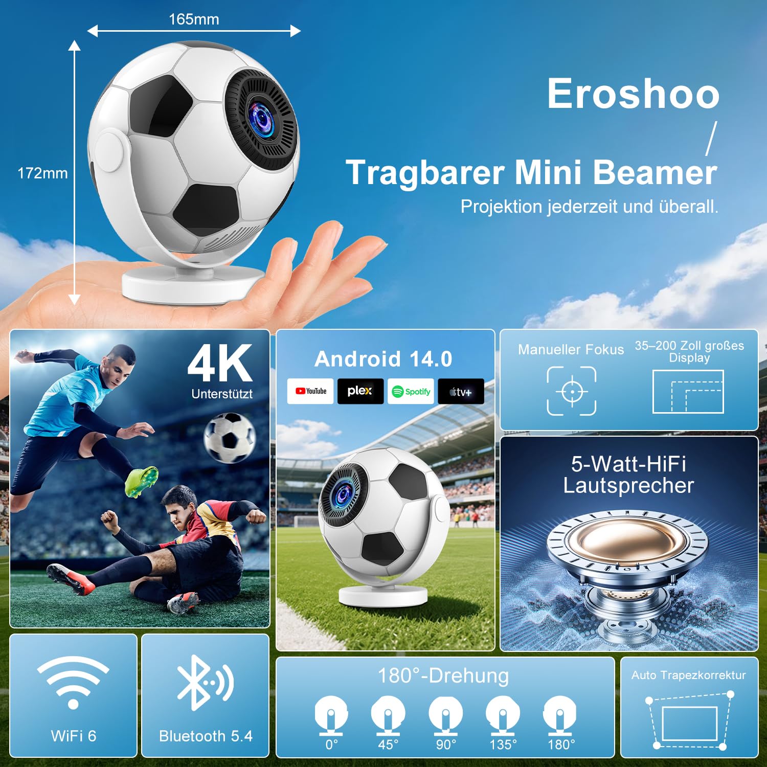 Mini proiettore supporta 4K 2026, Smart Beamer Android 14.0, Smart Proiettore portatile con WiFi 6 e Bluetooth 5.4 Portable Auto Keystone, piccolo proiettore per home cinema all'aperto, rotazione di