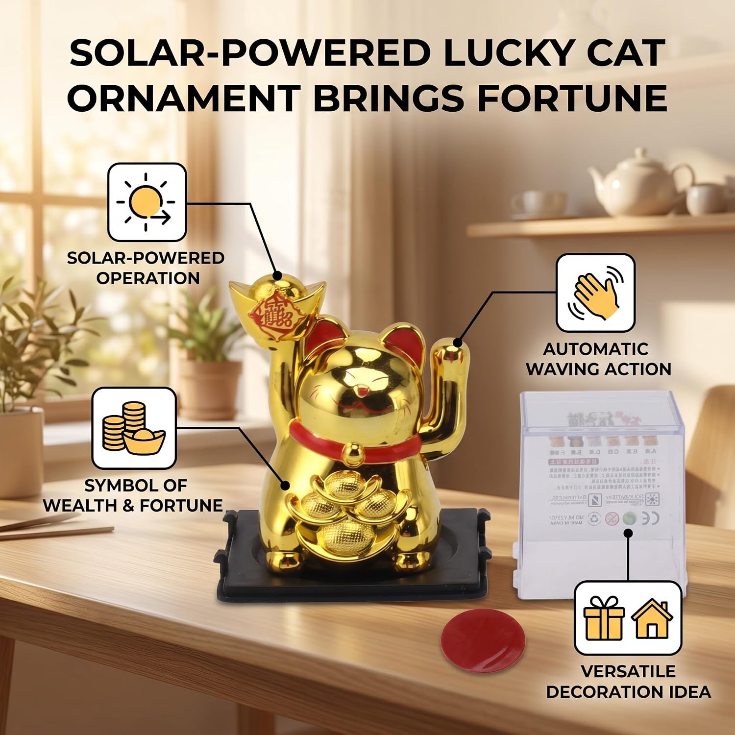 EVGATSAUTO Solar Powered Waving Arm Lucky Cat Ornament, Gold Motion Decor for Restaurant, Home, Office – Energy Saving Cat Figurine with LED Light image 3