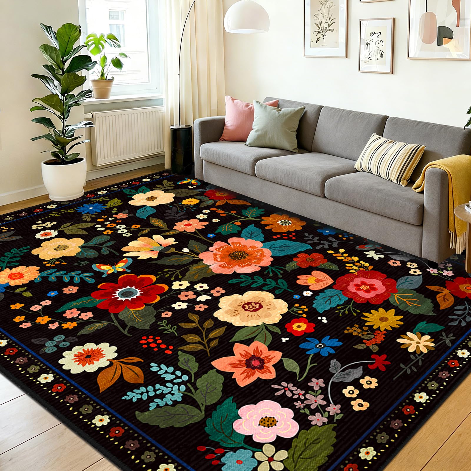 DEFYNEE Machine Washable Rugs Living Room, 240×300cm Floral Rug, Non-Slip Low Pile Boho Vintage Floral Carpet with Printed Design for Kids Room, Bedroom, Kitchen, Entryway, Lounge, Black — image 1