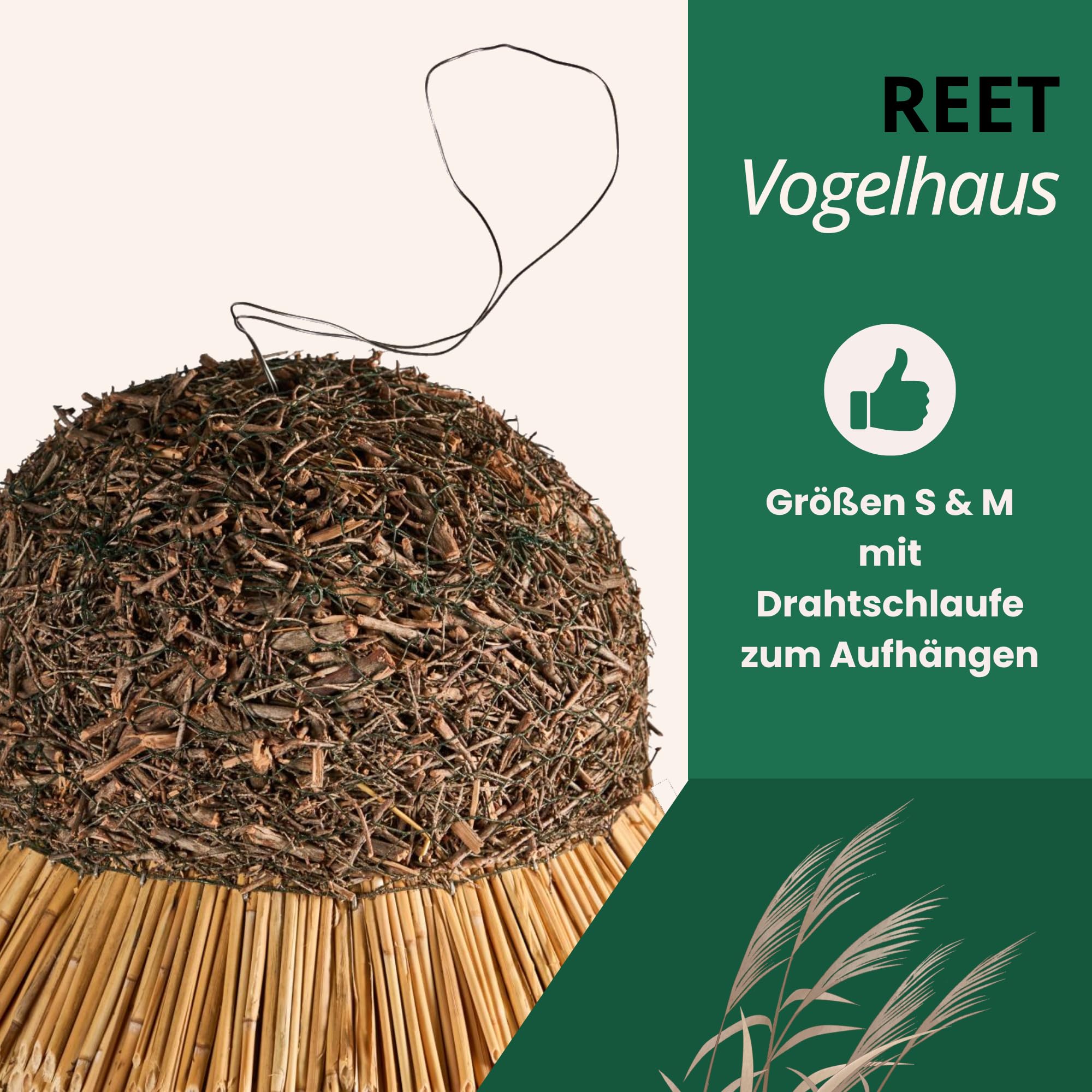 Vogelfutterhaus, Vogelhaus - mit Reetdach I Futterhaus für Vögel aus Eukalyptus Holz I Sylt I ideal für Balkon und Garten I wetterfest (XL - ca. 74 cm Traufe)
