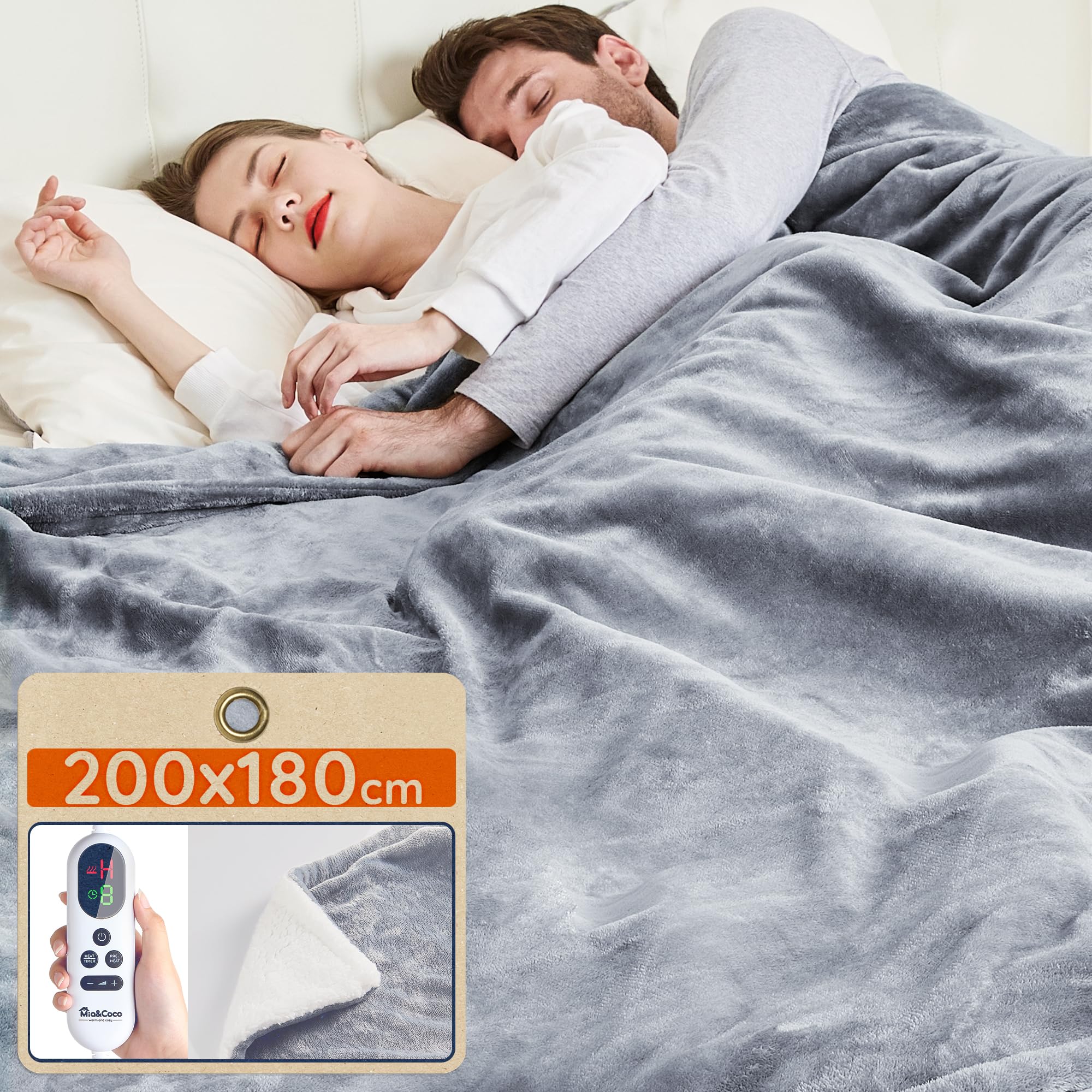 Mia&Coco Electric Heated Blanket Super King 180×200cm, Flannel Fleece Throw, 10 Heat Leve...