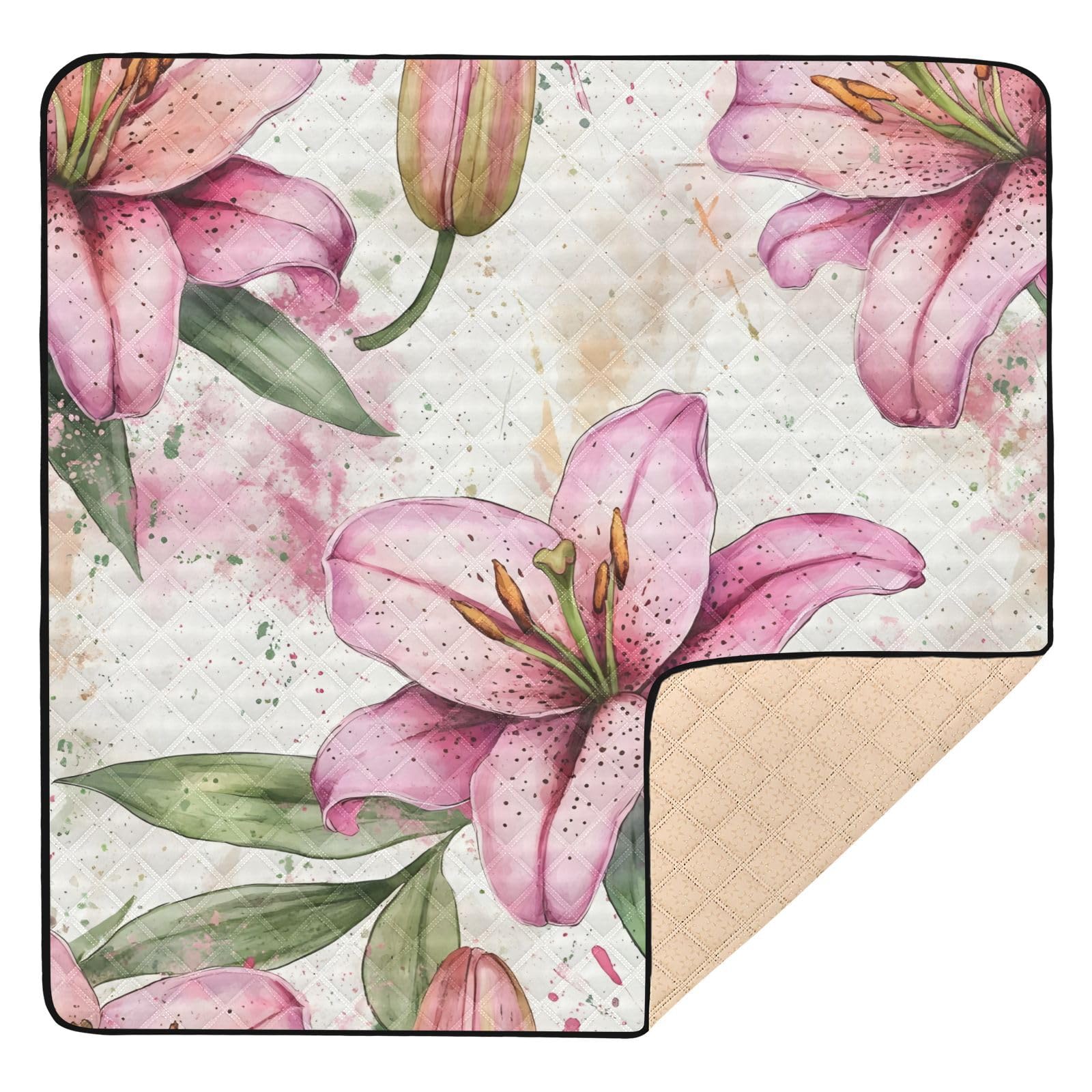 BOESI Watercolor Lily Pattern Baby Play Mat, 50“ X 50” Washable Folding Crawling Mat, Baby Floor Mat, Soft, Thick, Non-Slip