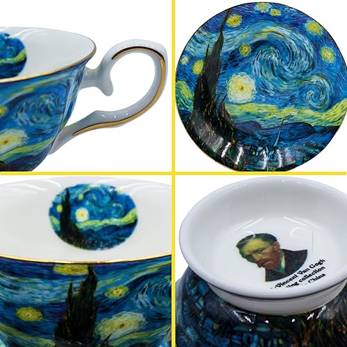Miniatura 10 de Van Gogh Paintings - Juego de 2 tazas de té florales, porcelana de hueso de 7 onzas, tazas de café británicas de porcelana para té de rosa,