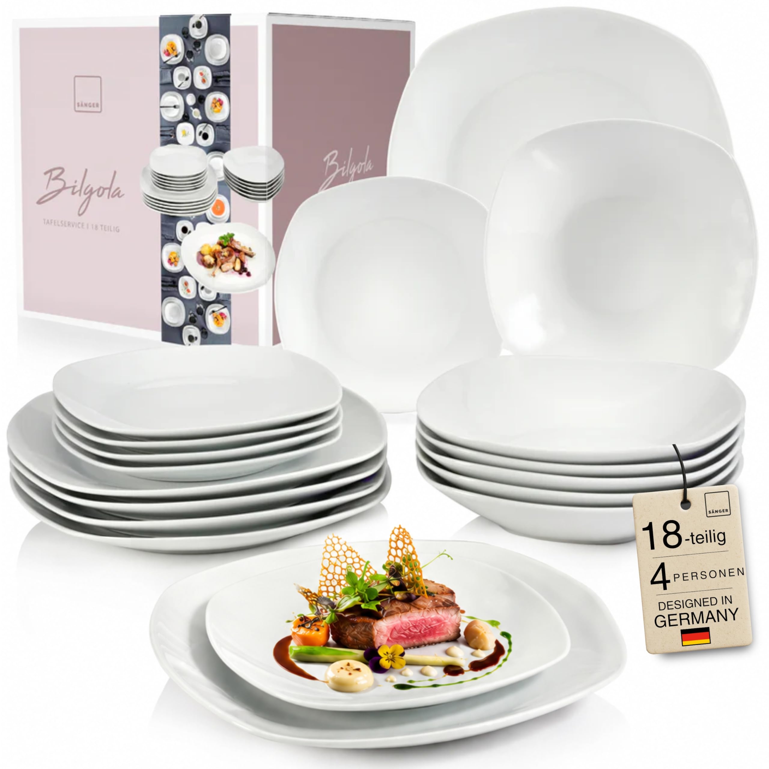SÄNGER | Tafelservice Bilgola Weiß, 18-teiliges Geschirrset für 6 Personen mit Suppen-, Dessert-, & flachen Tellern aus Porzellan | PREMIUM COLLECTION