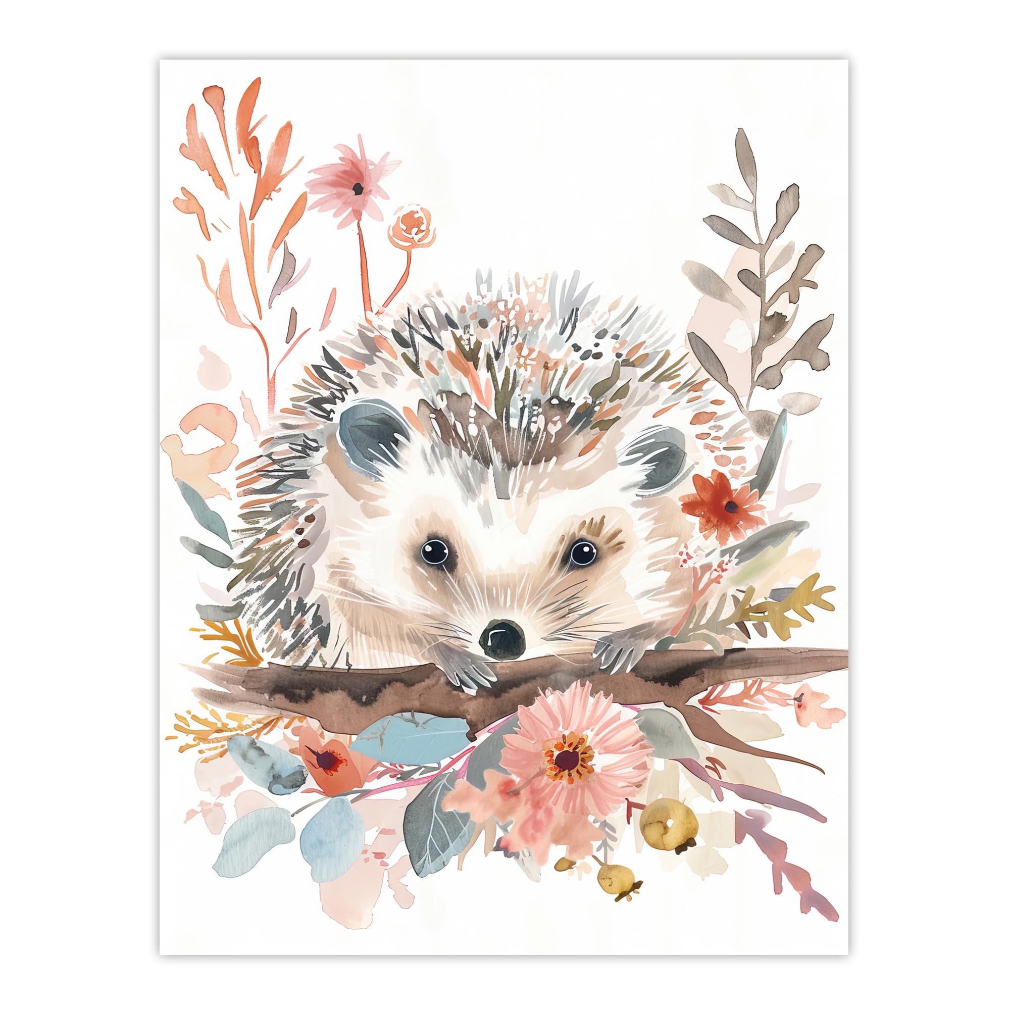 Artery8 Hedgehog in Wildflowers Modern Watercolour Pastel Living Room Extra Large XL Wall Art Poster Print