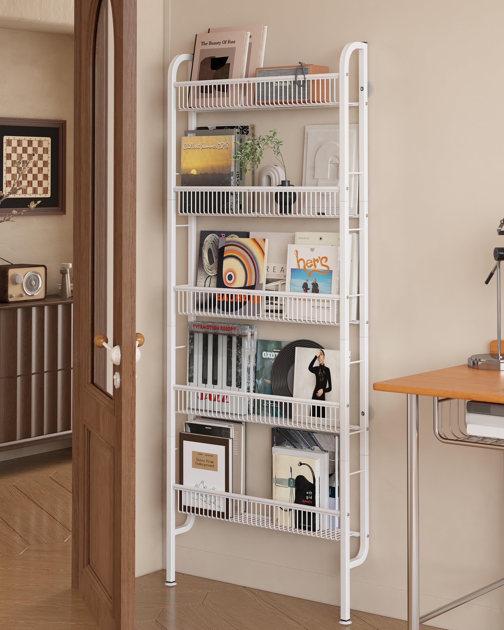 UMDONX Slim Metal Storage Shelf Behind Door Organiser 5 Tier, Bookshelf Bookcase Book Rack Bathroom Narrow Shelving Unit (White 62x9x160cm)