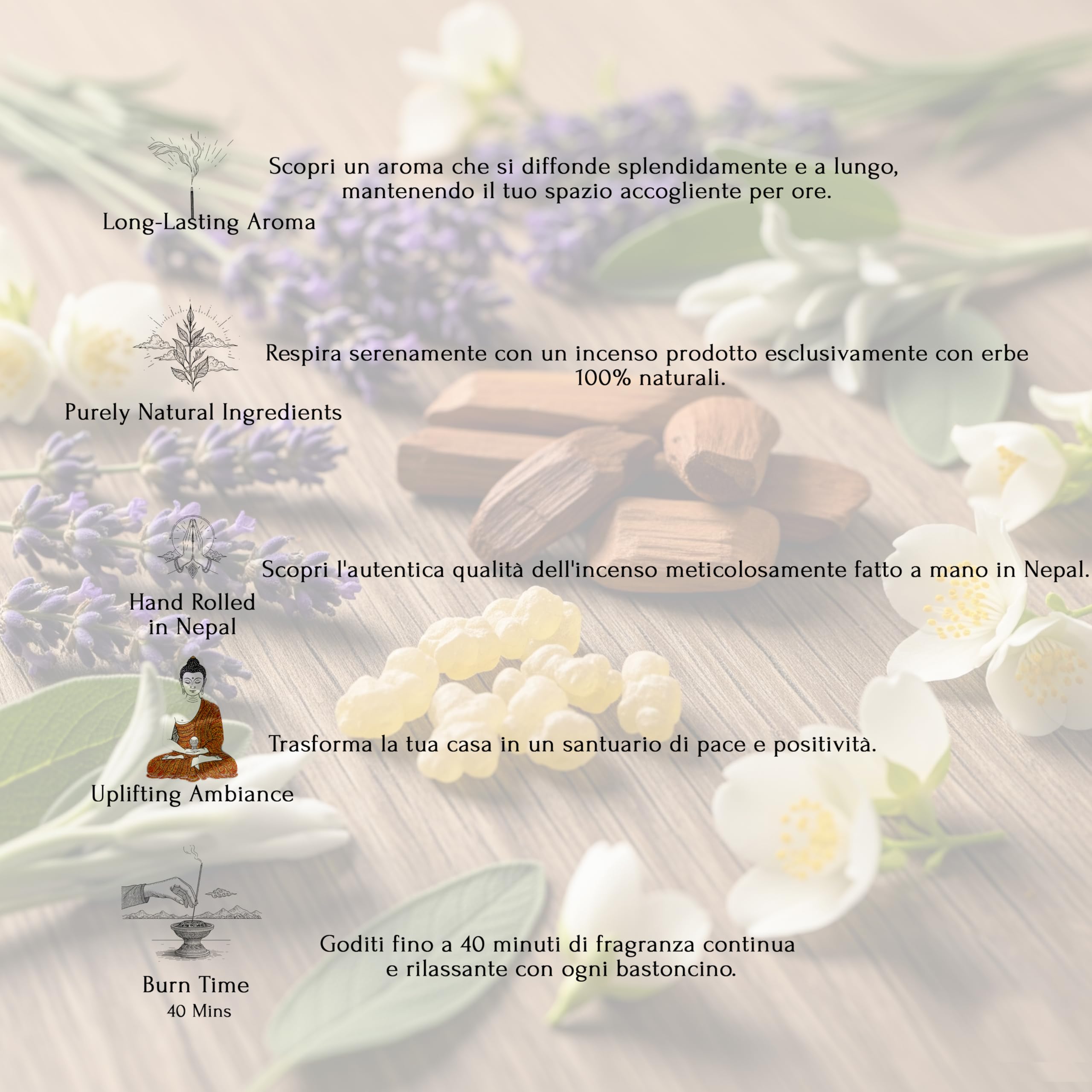 Incenso Nepalese Fatto a Mano, Set di 6 fragranze, 90 bastoncini, Nag Champa, Lavanda, Sandalo, Gelsomino per meditazione, guarigione, aromaterapia, relxazione, vibrazioni positive, incenso Himalayano