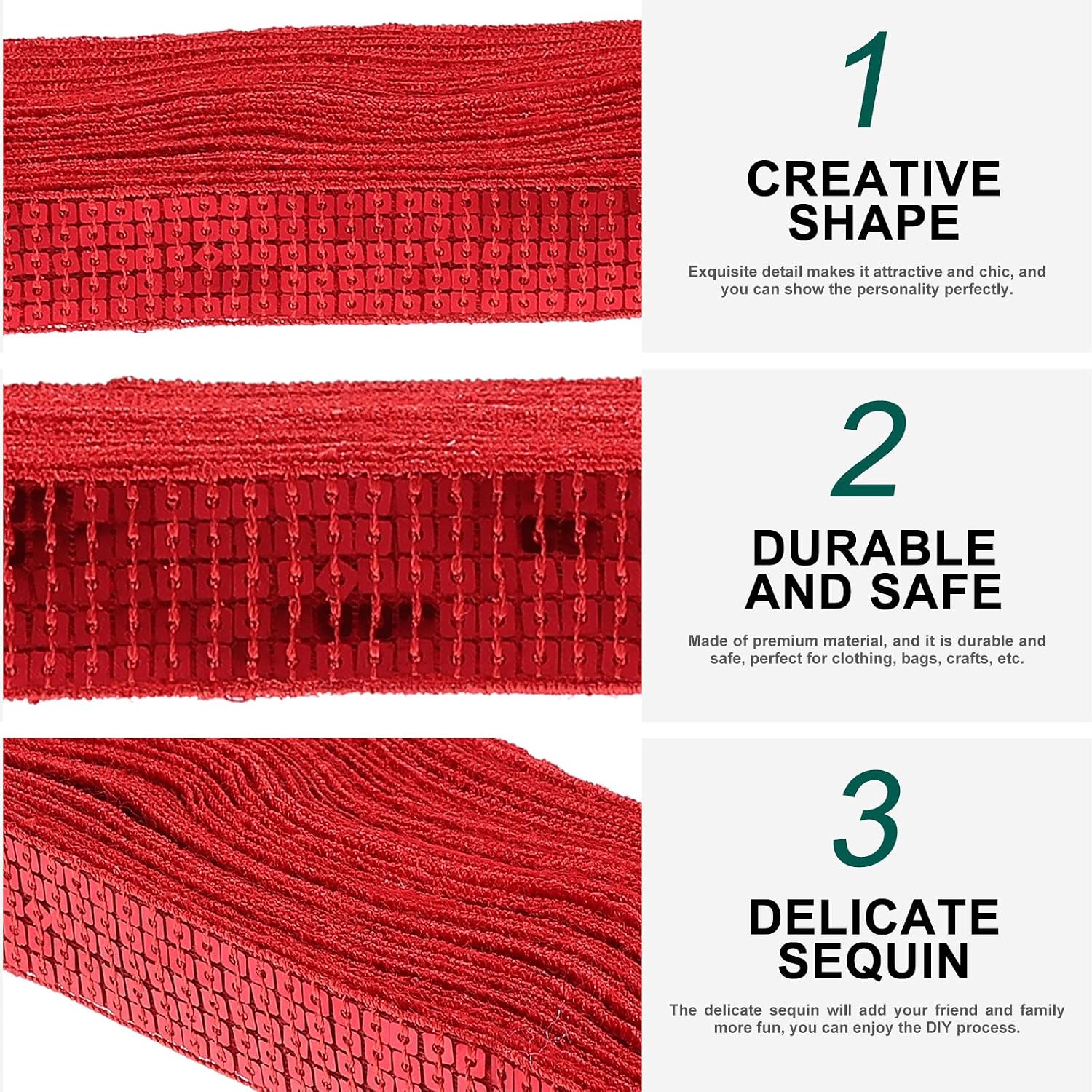20 Yards Red Sparkling Sequin Fringe Trim, Multi-Function Decorative Clothing Accessory for Sewing Crafts and Costume Embellishments