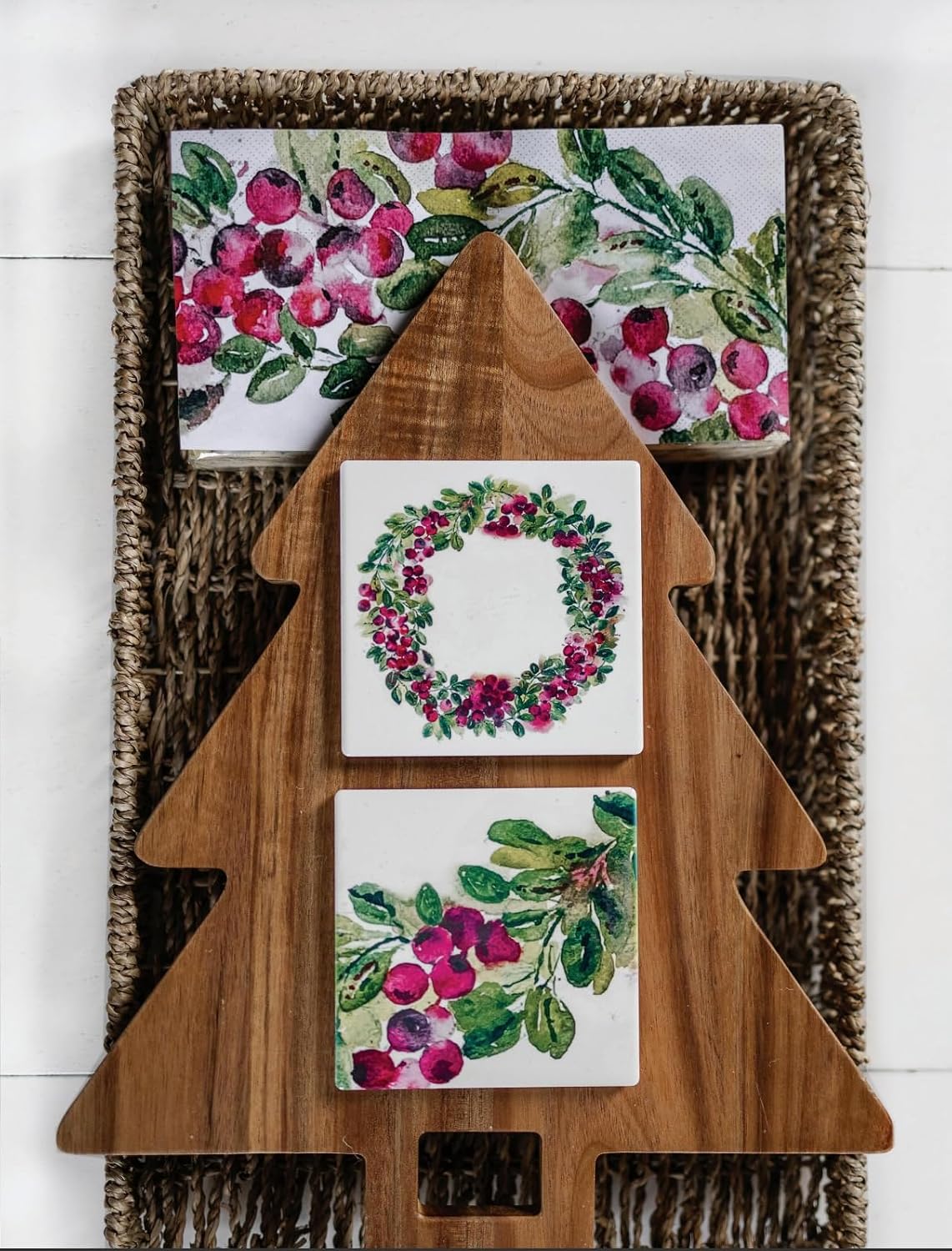 IHR Ideal Home Range Cocktail Napkins Disposable 3-Ply Paper Party Napkin Pack, 5" x 5", Cranberry Wreath, 20-Count