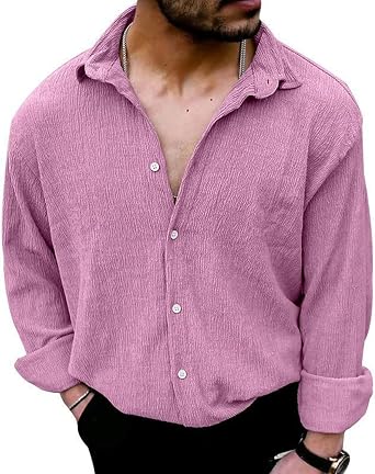BIVENANT Linen Shirts for Men Long Sleeve Mens Button Down Shirt Lapel V Neck Fashion Summer Shirt Casual Beach Tops