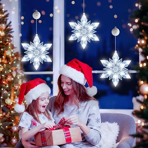 Miniatura 5 de Temporizador de 3 piezas de luces de Navidad para ventana, funciona con pilas, colgante de Navidad blanco iluminado en forma de copo de nieve LED