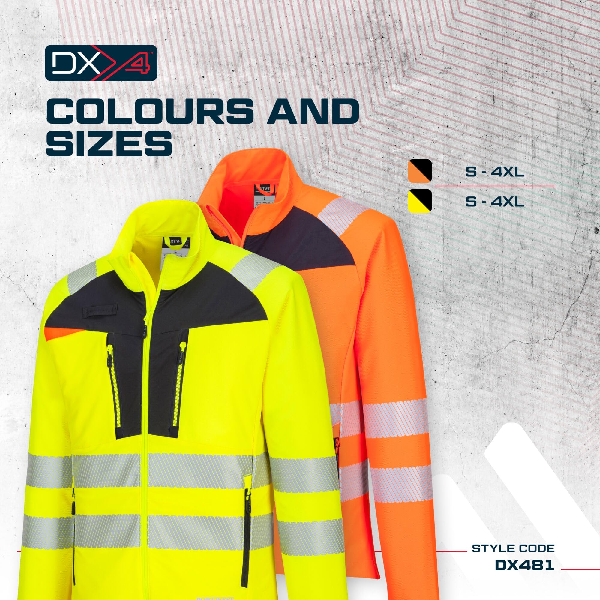 Giacca alta visibilità traspirante, modello Stretch dinamico DX4, 92% poliestere - 8% Elastan 210 gr, omologata EN ISO 20471, colore giallo/nero