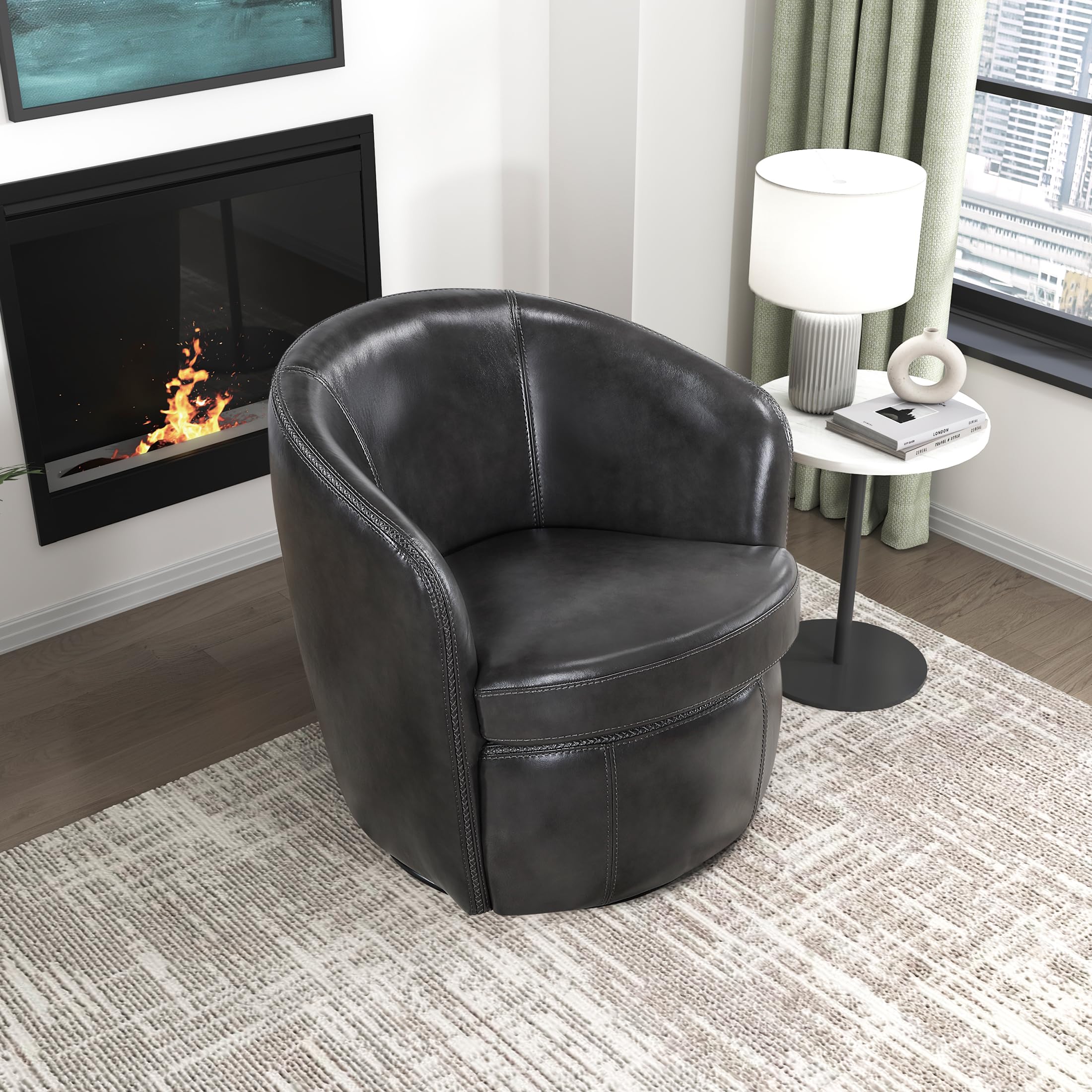 Lexicon Luxury 100% Top Grain Leather Swivel Chair, 360-Degree Smooth Rotation Modern Accent Reading Chair with High Density Foam Cushion for Living Room/Office, No Assembly Required, Smoky Gray