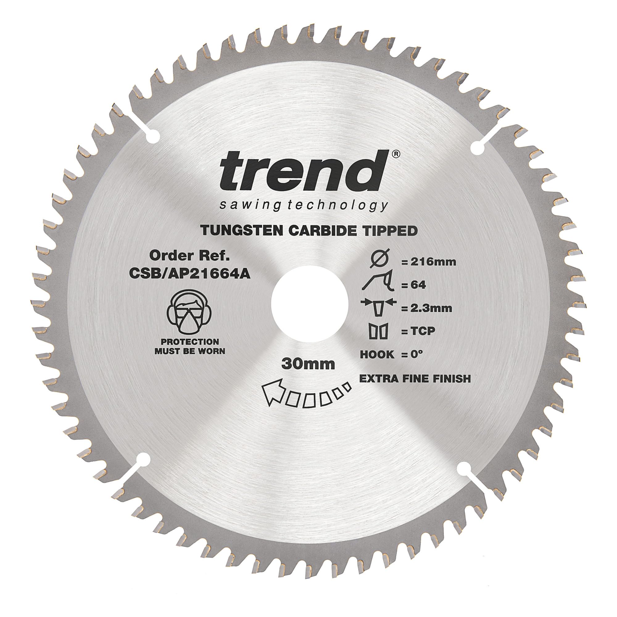 Trend Hoja sierra circular 216mm 30mm 64D TCT para aluminio/plástico | Corte extra-fino TCT, 2,3 mm de corte y ángulo 0°, para aluminio y plástico, CSB/AP21664A