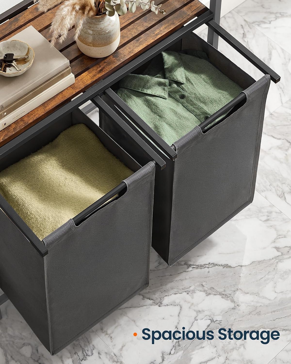 Wäschekorb 2-Fächer, 2x46L, 73x30x74cm, Grau, mit Metallrahmen & Holzablage, herausnehmbare Oxford-Säcke, moderner Wäschesammler für Bad und Schlafzimmer