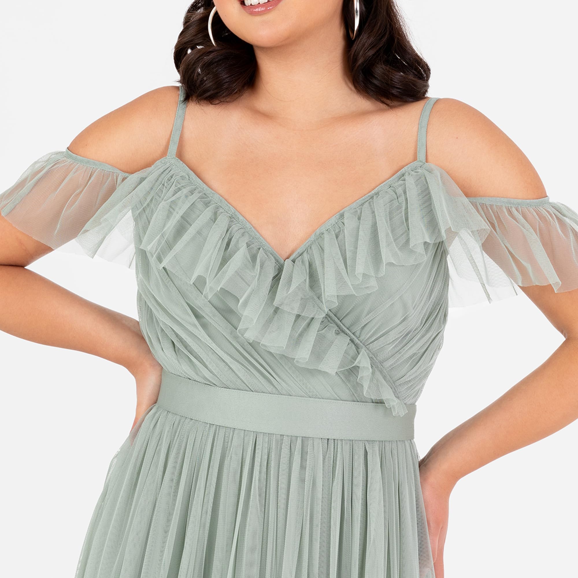 Anaya with Love Damen Women's Maxi Dress Ladies Sleeveless V-Neck Cold Shoulder Tulle Sash Tie Belt A-line Bridesmaid Wedding Guest Ball Gown Dress (1er Pack)