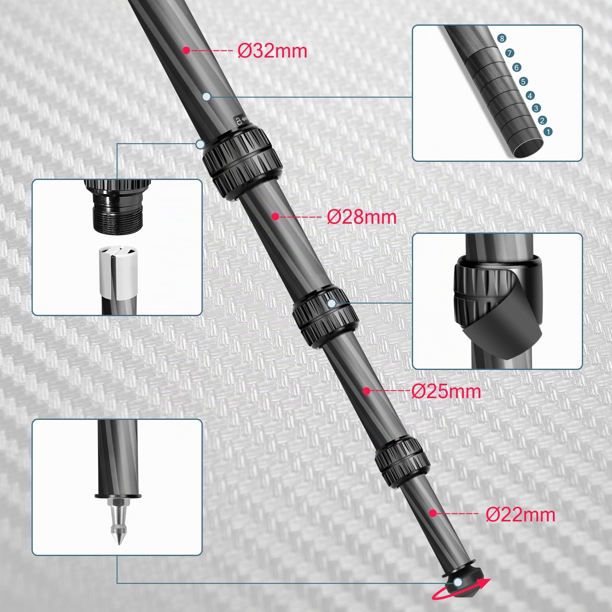 Manbily WZ-324PA - Tripode de fibra de carbono para grabación y caza, 158 cm, adaptador Picatinny a Arca Suiza, tubo 32 mm, cabeza de bola de bajo centro de gravedad 360°