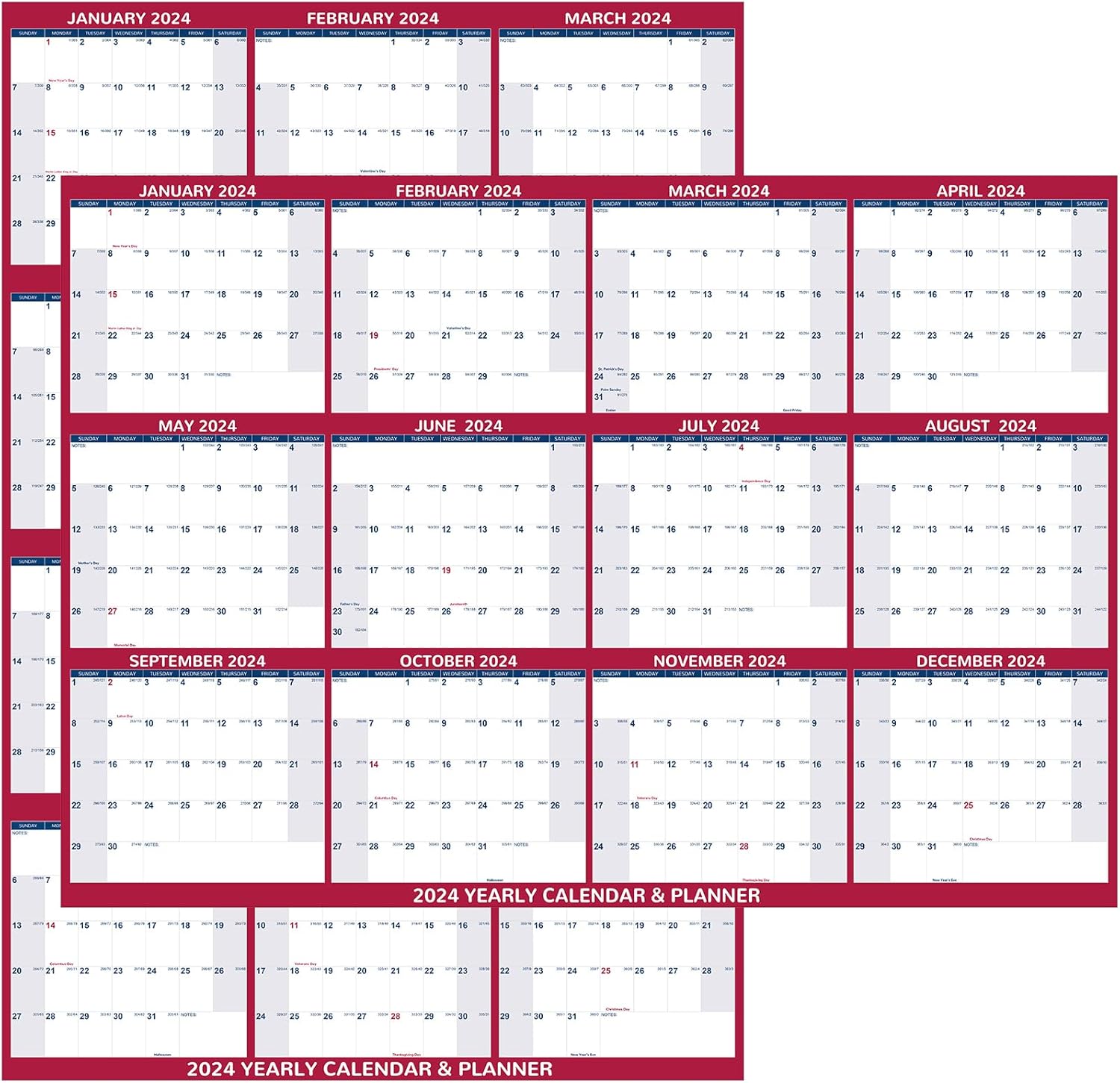 24" x 36" 2024 Yearly Wall Calendar, Large Erasable Wall