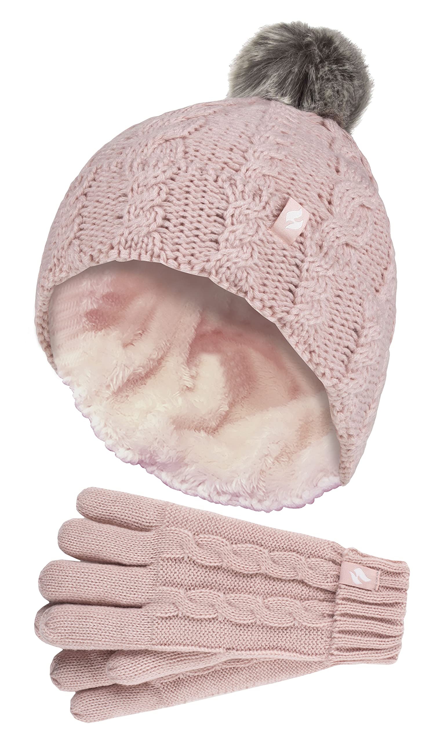 Heat Holders Girls Dusky Pink - Bobble Pom Pom Hat And Gloves Set | Turn Over Cuff Hat & Cable Knit Gloves Style (7-10 Years, )