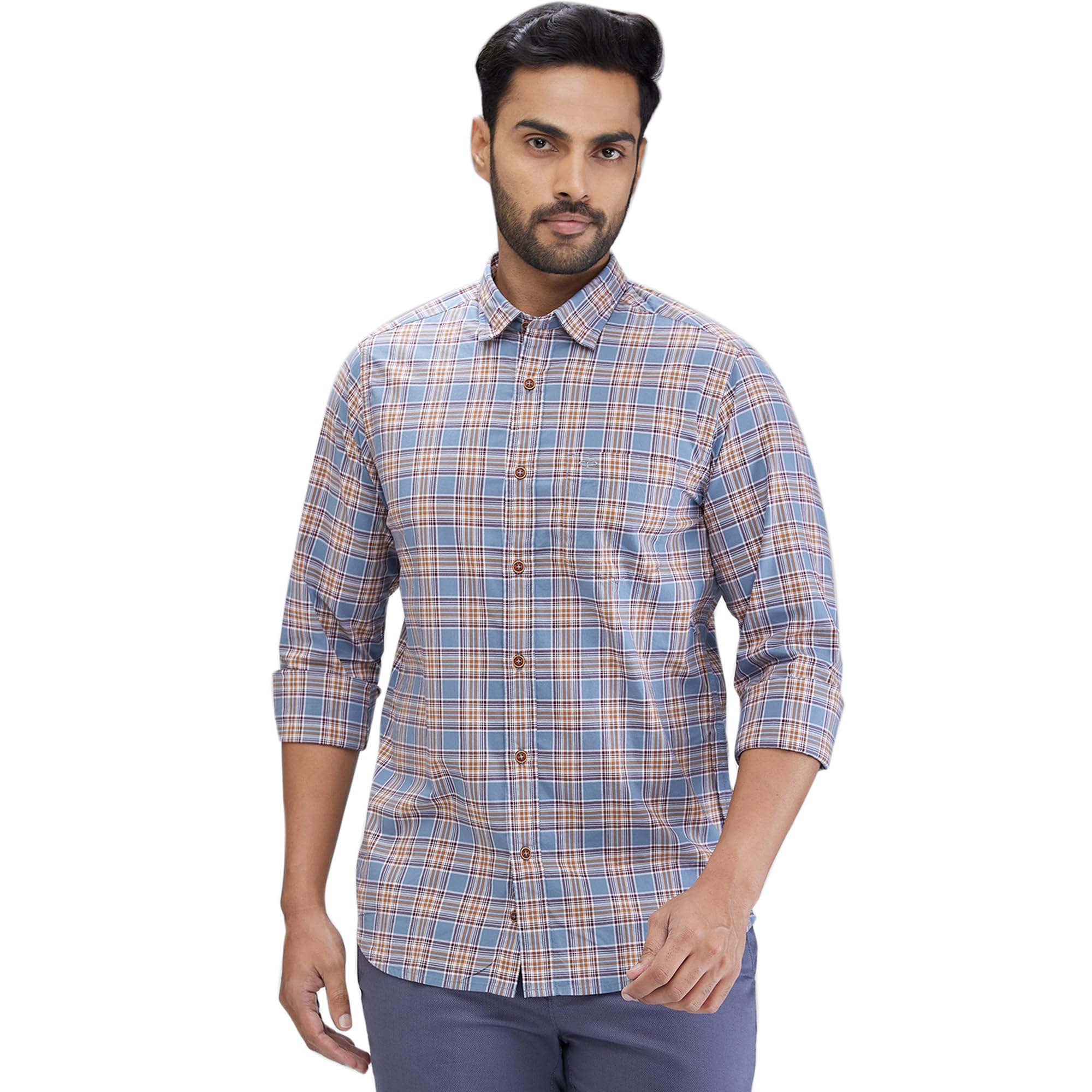 colorplus Men's Slim Fit Checks Pattern Pure Cotton Plain Collar Full Sleeve Casual Shirt-picture-39