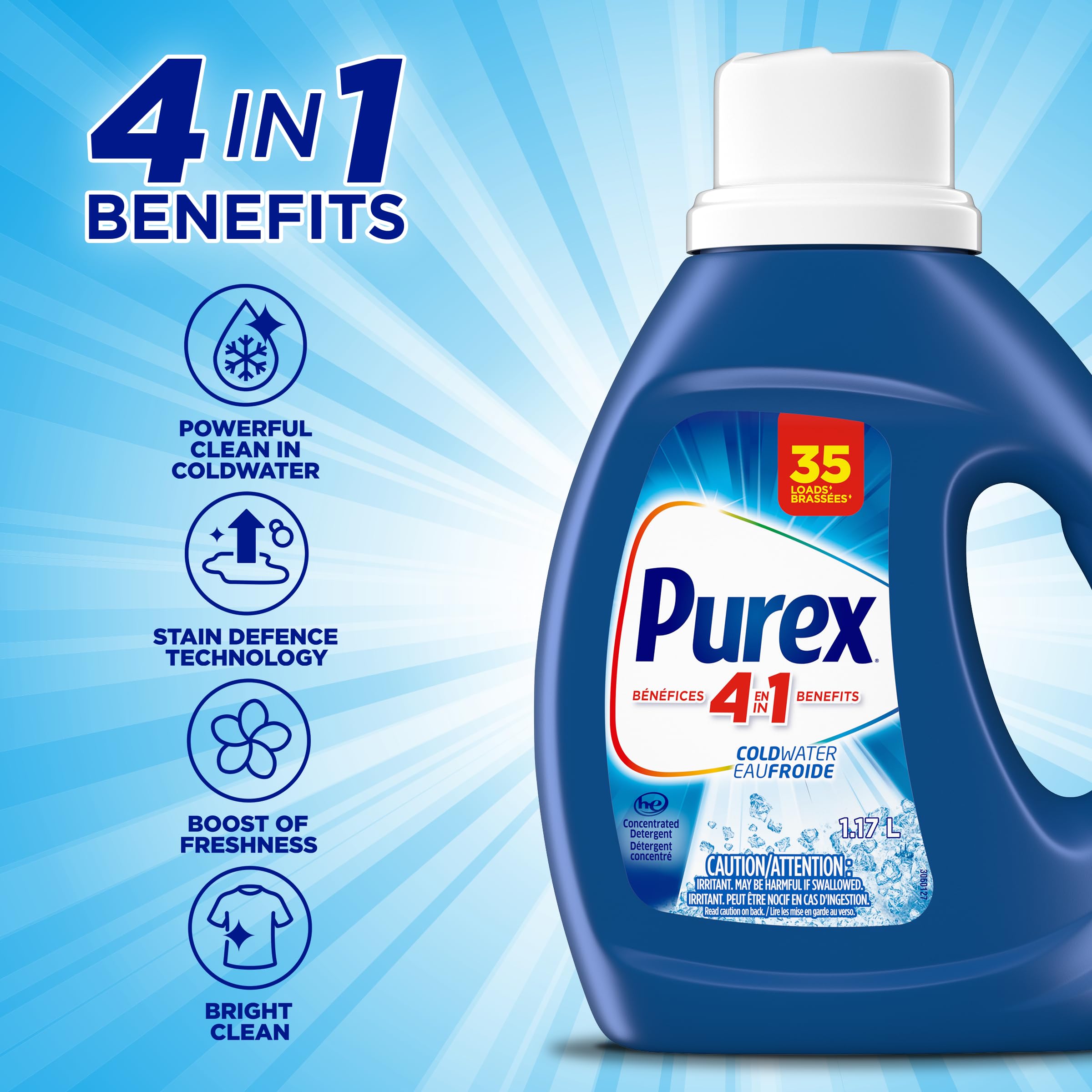 Purex Cold Water, Concentrated Liquid Laundry Detergent with 4in1 benefits, Tough on Stains, Brightens and Whitens Clothes, 1.17L, 35 Wash Loads, HE Compatible - 5