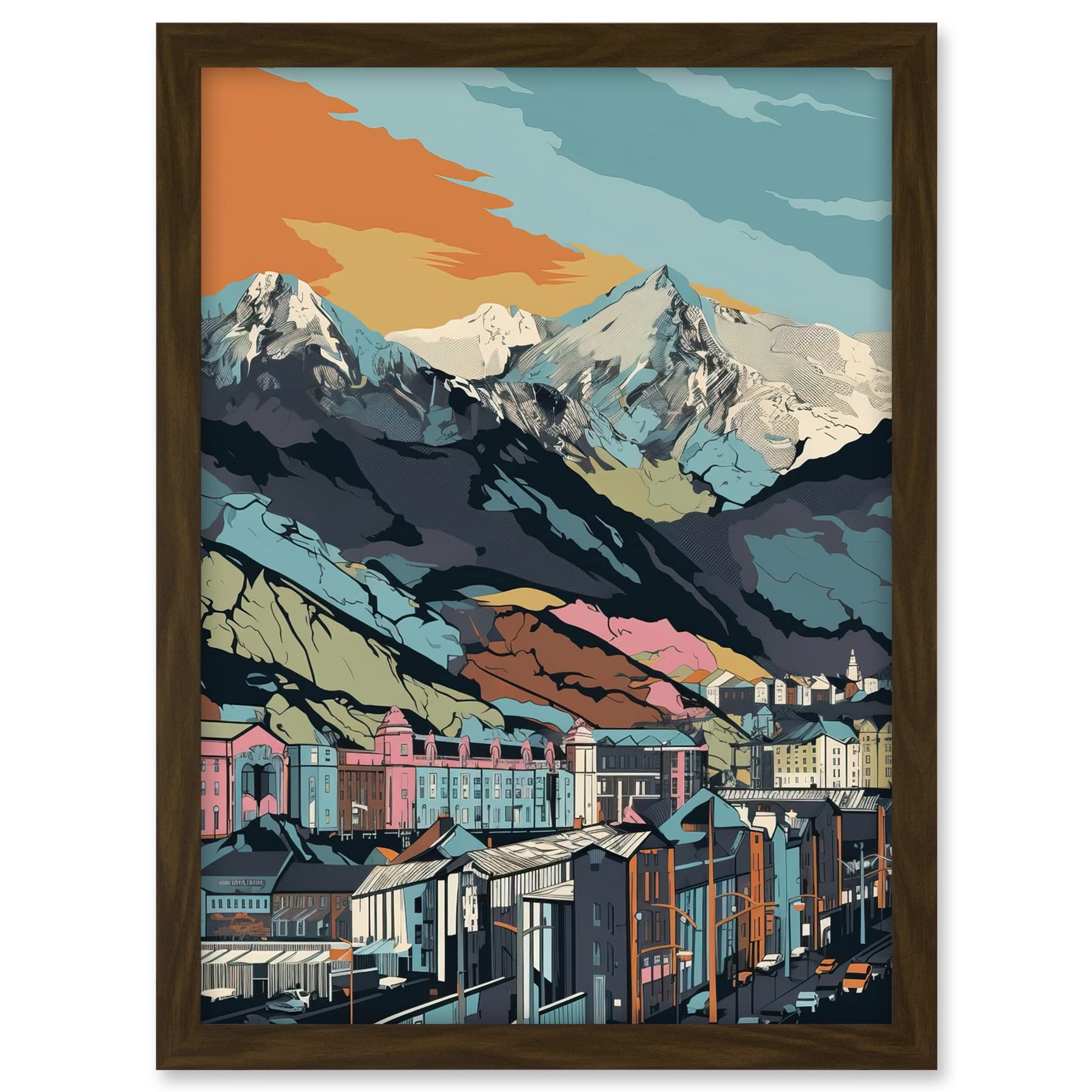 Artery8 Cityscape Under Rocky Mountain Range Modern Artwork Framed A3 Wall Art Print