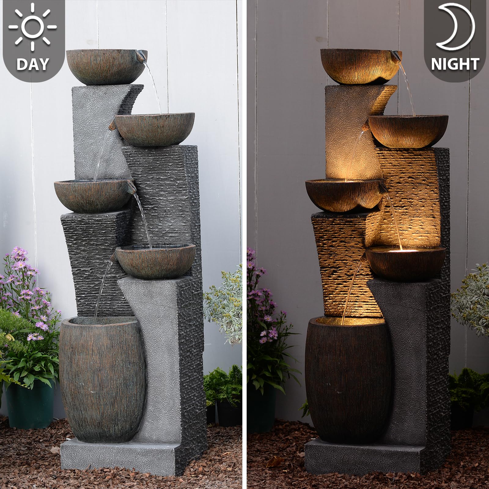 Bumilgar 130cm Großer Gartenbrunnen Springbrunnen für Außen mit LED Beleuchtung, 5-stufiger Wasserspiel Wasserfall Brunnen für Garten,Balkon,Terrasse,Grau