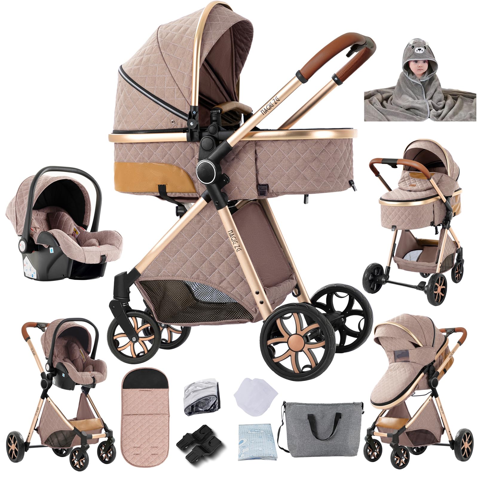 Magic ZC Passeggino Trio, Passeggino 3 in 1 con Spinta Reversibile a Due Vie, Trio Neonati con Accessori, Carrozzina per Neonati con Design Portatile Pieghevole Un Clic (YV9 Khaki)