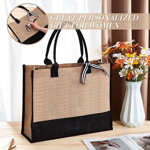 Miniatura 5 de 18 bolsas de arpillera de 17 x 12.6 x 6.7 pulgadas, bolsa de yute con asas, bolsa de playa de lona con iniciales grandes, bolsa de playa