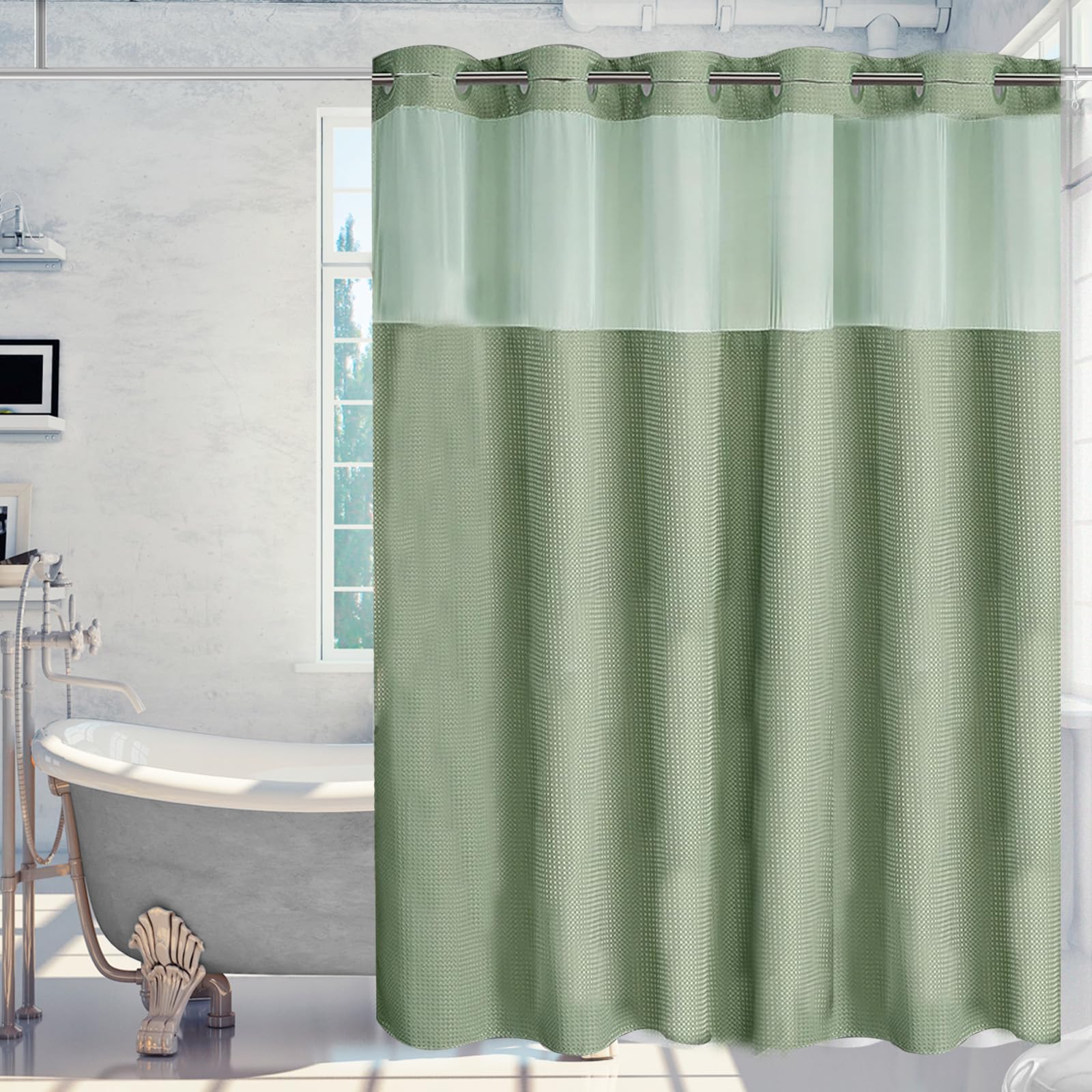 Tenda da doccia impermeabile senza ganci, in tessuto a nido d'ape verde, per casa e hotel, resistente alla muffa, facile da installare, elegante decorazione per il bagno