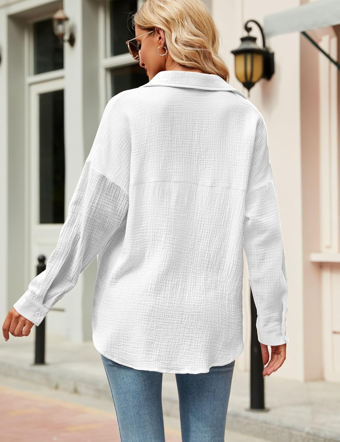 Esmeling Womens Casual Oversized Button Down Shirt Long Sleeve Lapel Collar Blouses Loose Fit Tops - Image 5