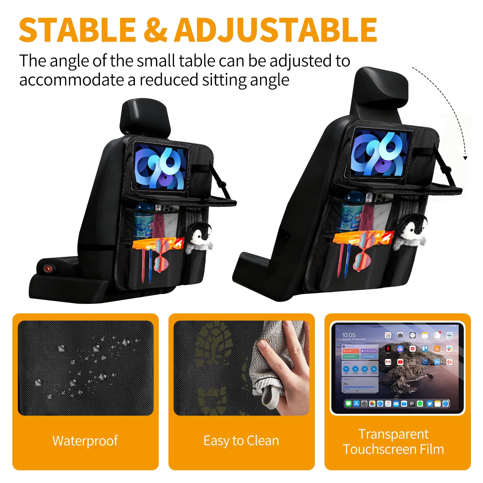 Organisateur de Siège avec Table Pliante pour Enfant, Protection Siège Voiture Enfant Imperméable avec Pochette Tablet, Rangement Arrière pour Console de Jeux et Jouets pour Voyages (Lot de 2)