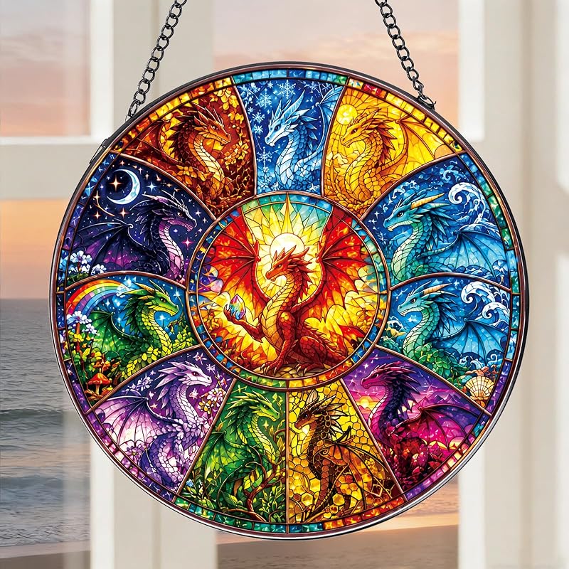 Suncatcher de Vidro Redondo com 12 Dragões Rngmsi Colorful Dragon, 19,81 cm