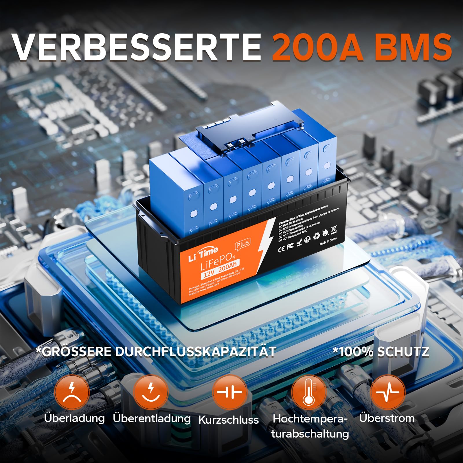 LiTime LiFePO4 200Ah 12V Plus Lithium Batterie Eingebautes 200A BMS, Max.15000 Zyklen und 2560W Ausgangsleistung, 10 Jahre Lebensdauer, für Wohnmobil, Solaranlage, Camping, Solar Home Systeme, Boote