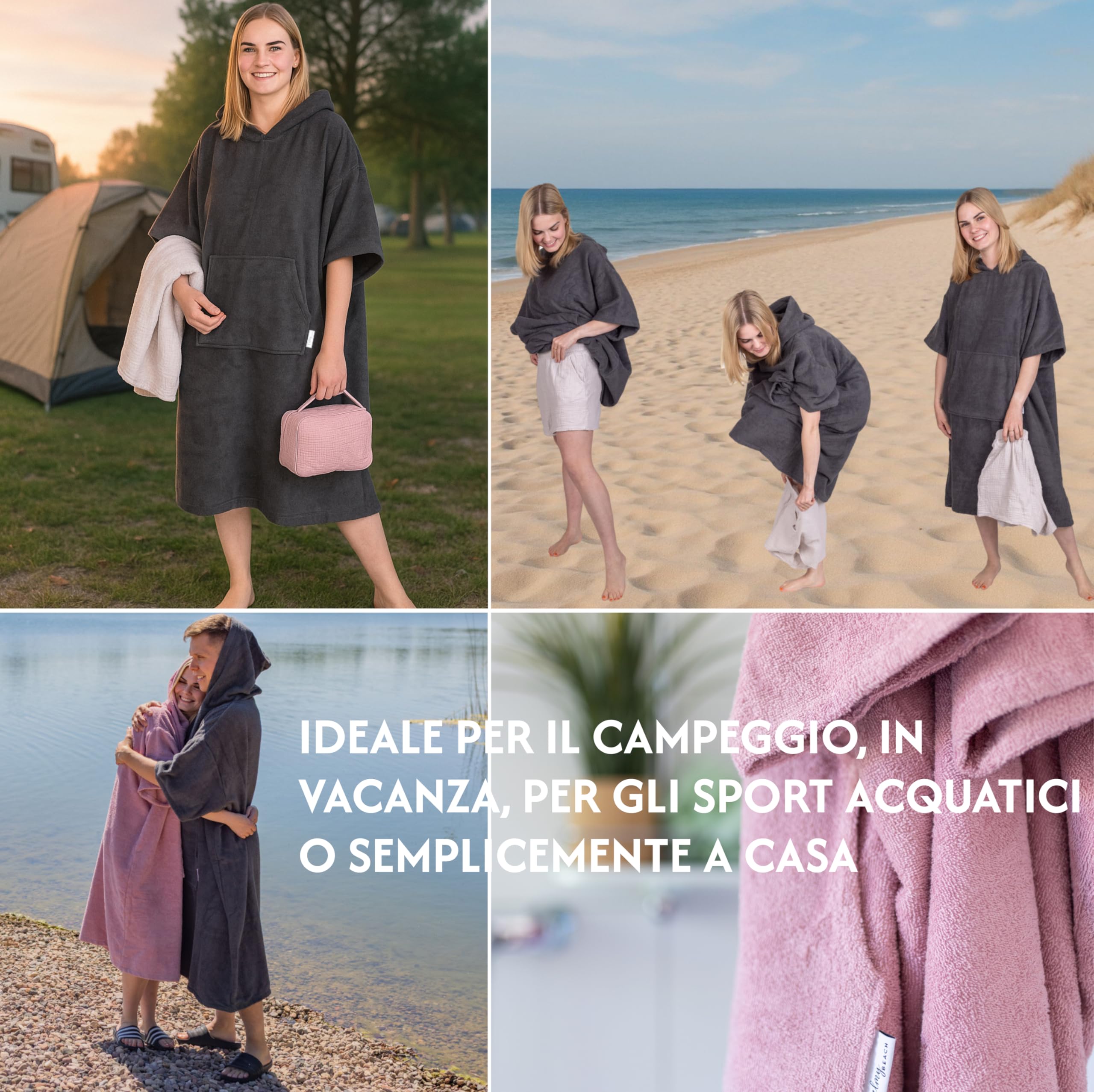 Poncho da bagno Donne Uomini - 100% cotone Asciugamano da spiaggia da surf con Cappuccio e tasca frontale Asciugamano in Spugna S/M Rosa antico