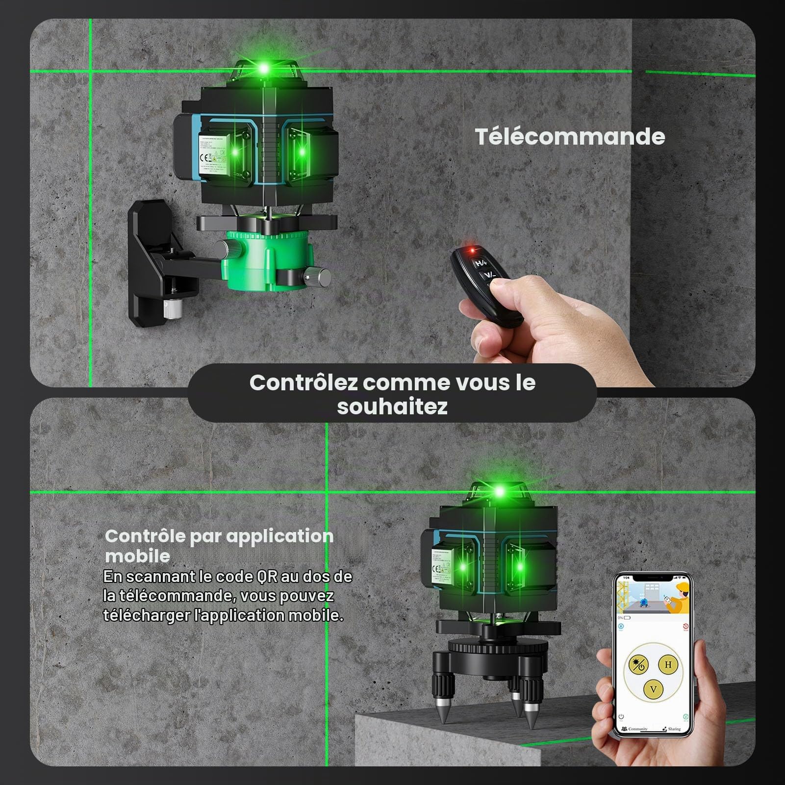Niveau laser 360, Weytoll 4D 16 lignes Niveau laser 3° Outil de mise à niveau avec fonction de nivellement automatique avec trépied réglable en hauteur de 1,2 m