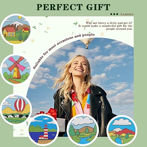 Miniatura 6 de Leatrice Juego de 6 posavasos de diamantes pequeños para adultos, con puntos de diamante, redondos, de taladro completo, con soporte, manualidades