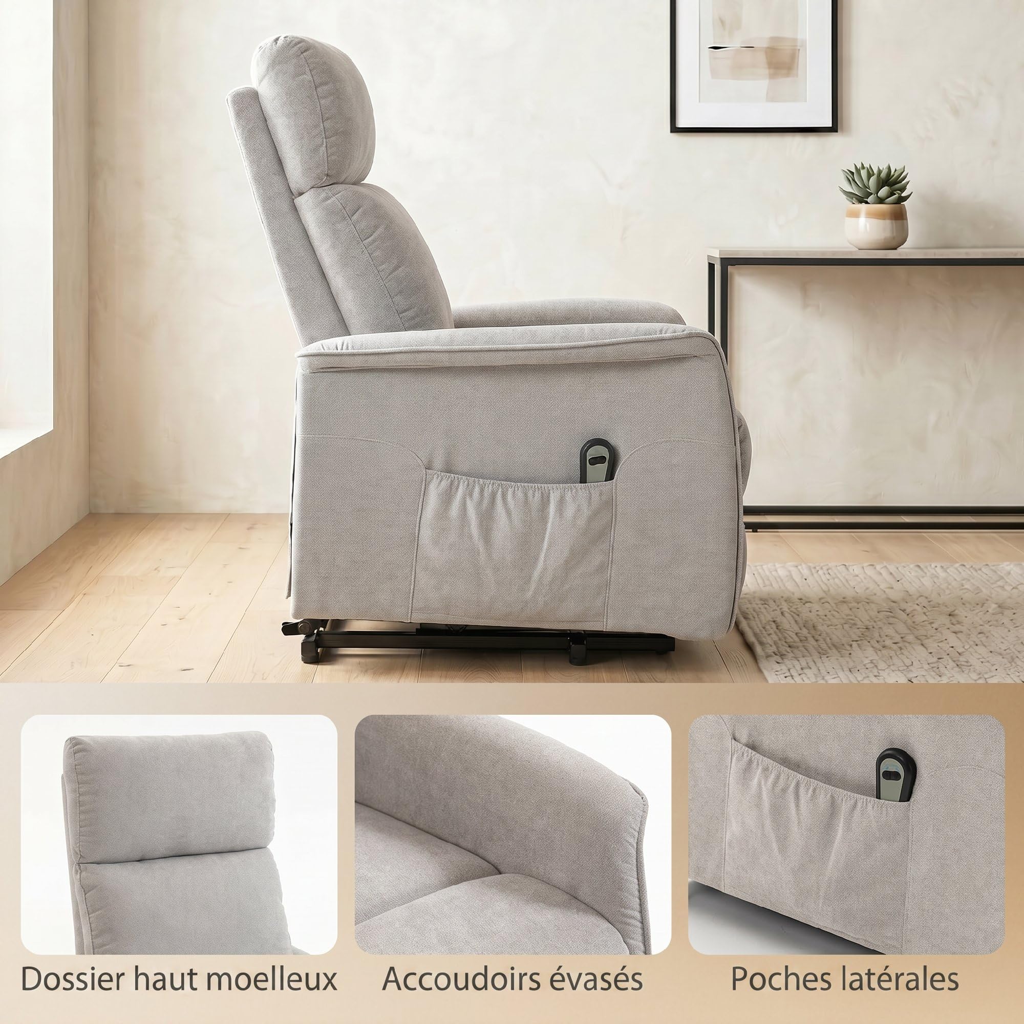 HOMCOM - Sillón elevador eléctrico, sillón relax eléctrico, respaldo reclinable, cojín con resortes, mando a distancia y bolsillos laterales, para ancianos, montaje fácil, gris claro